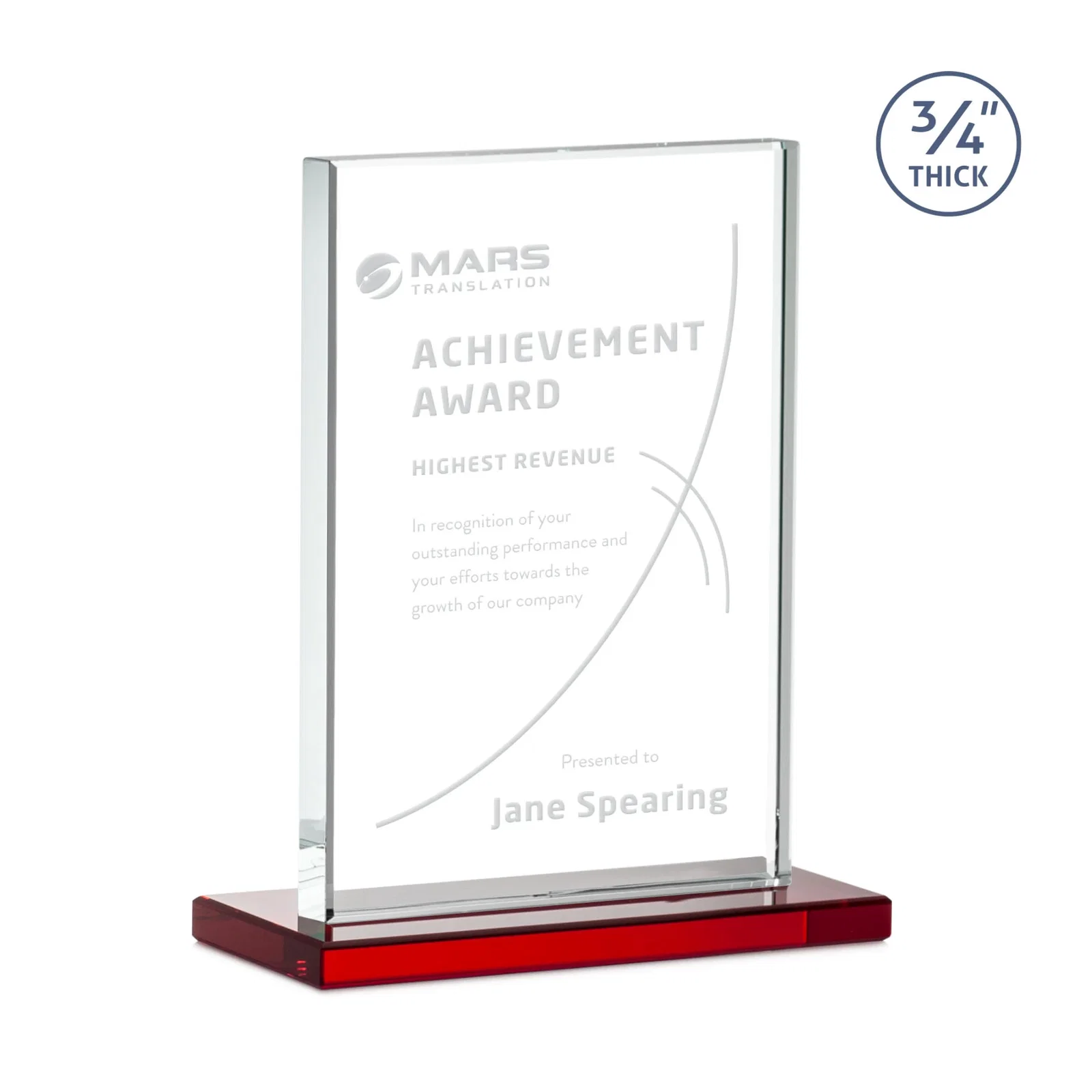 Custom engraved Jade Crystal Upright Award, 0.75 Inch Thick, Built For Deep Etching for corporate award ceremonies