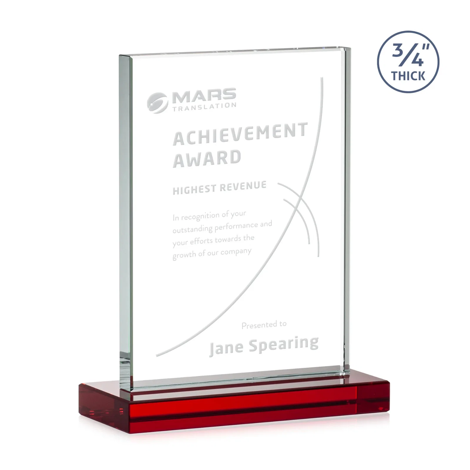 Custom engraved Jade Crystal Upright Award, 0.75 Inch Thick, Built For Deep Etching for service anniversary gifts