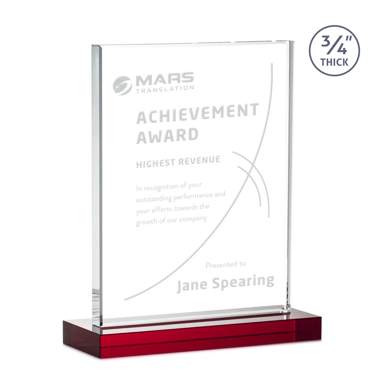Custom engraved Jade Crystal Upright Award, 0.75 Inch Thick, Built For Deep Etching for sales achievement awards