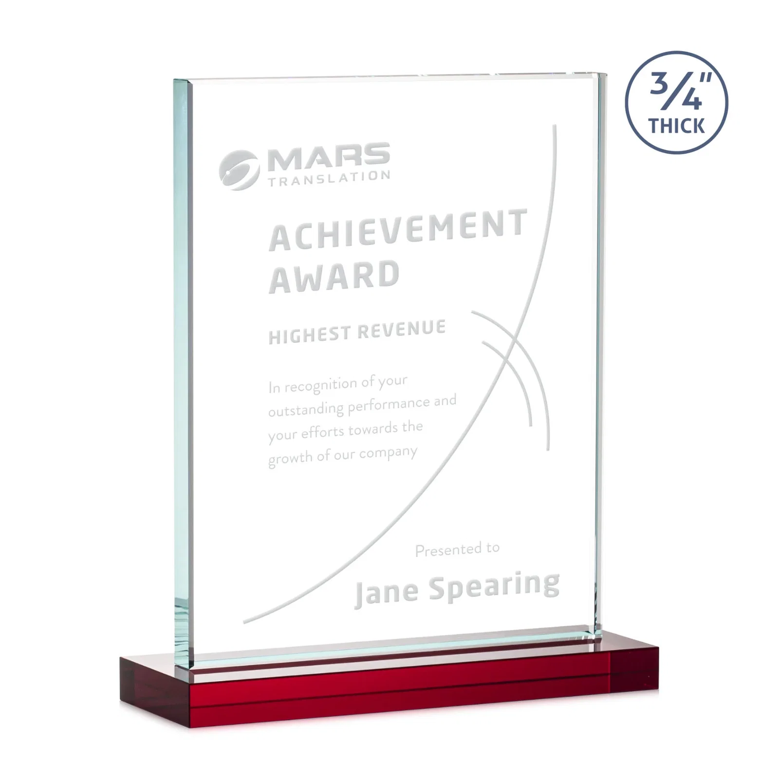 Custom engraved Jade Crystal Upright Award, 0.75 Inch Thick, Built For Deep Etching for retirement presentations