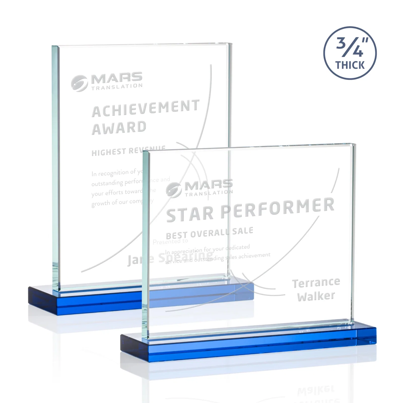 Custom engraved Jade Crystal Upright Award, 0.75 Inch Thick, Built For Deep Etching for team milestone celebrations
