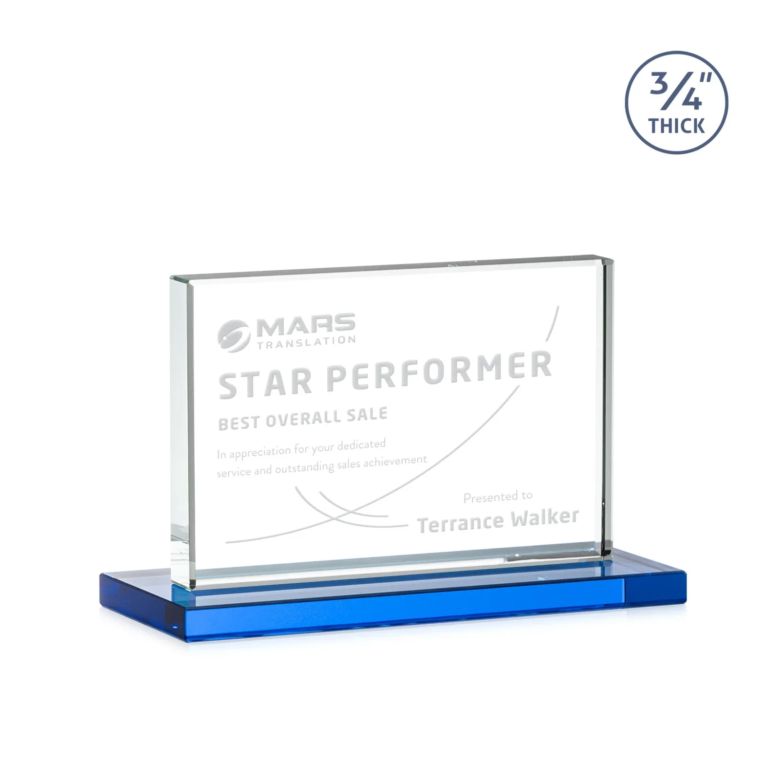 Custom engraved Jade Crystal Upright Award, 0.75 Inch Thick, Built For Deep Etching for donor appreciation