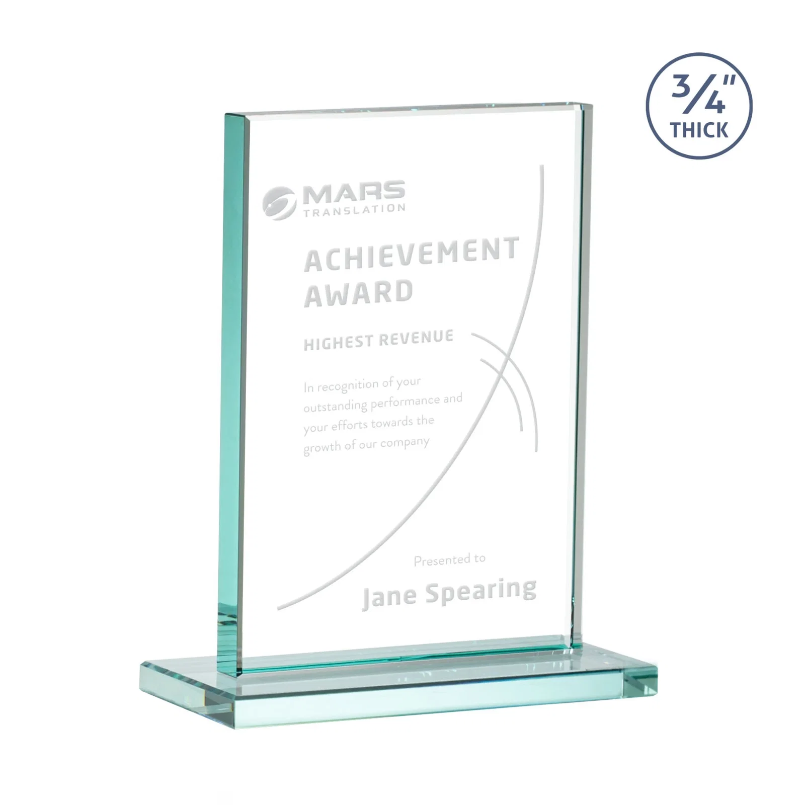 Custom Jade Crystal Upright Award, 0.75 Inch Thick, Built For Deep Etching for graduation ceremonies