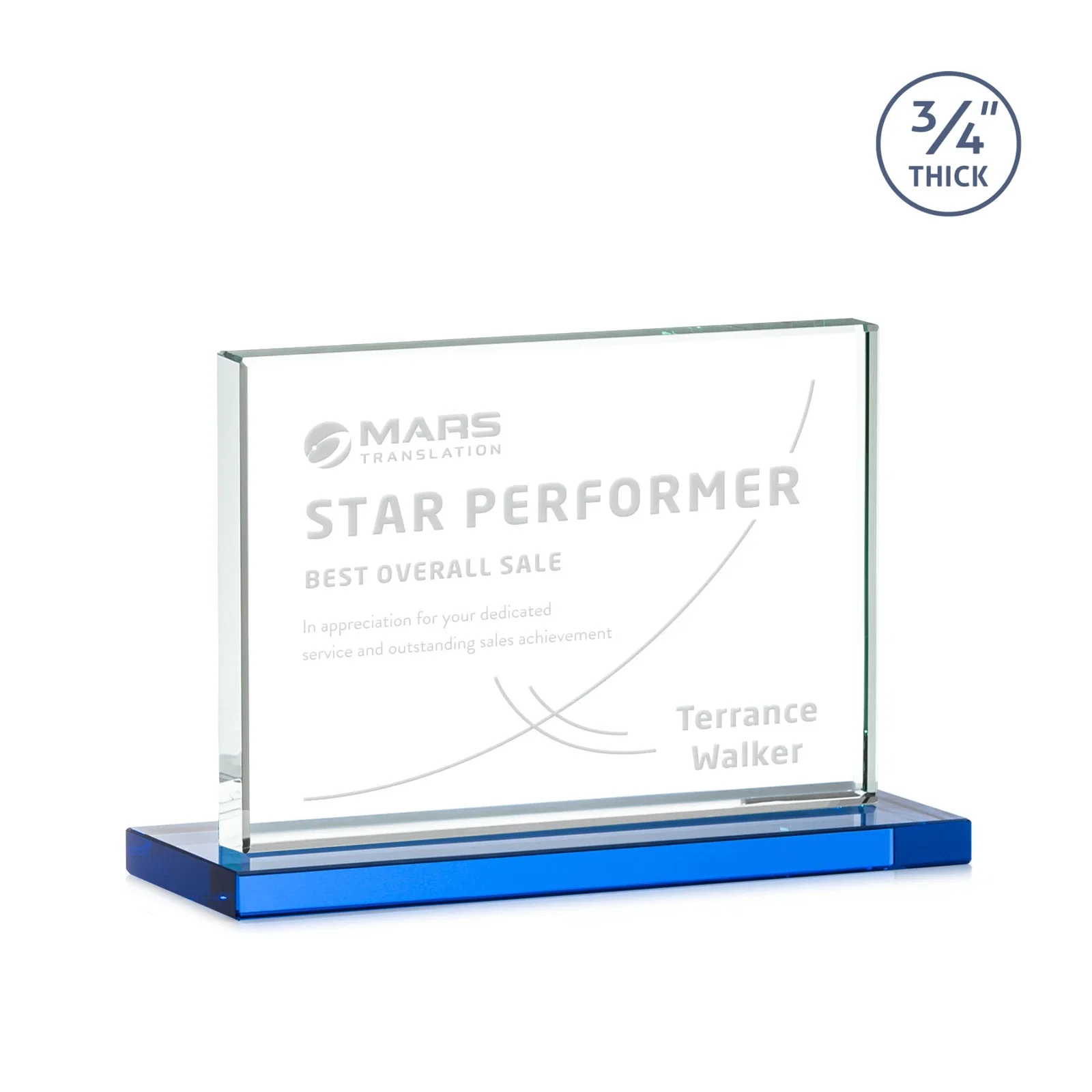 Custom engraved Jade Crystal Upright Award, 0.75 Inch Thick, Built For Deep Etching for graduation ceremonies