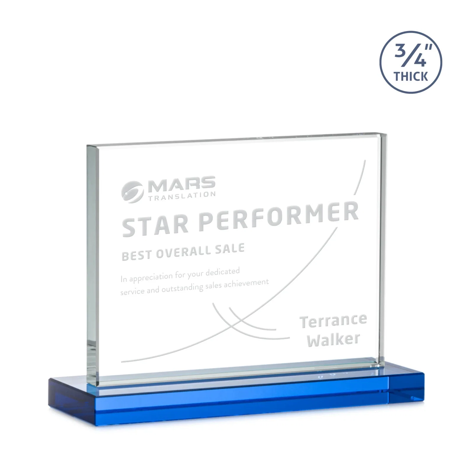 Custom engraved Jade Crystal Upright Award, 0.75 Inch Thick, Built For Deep Etching for safety achievement programs