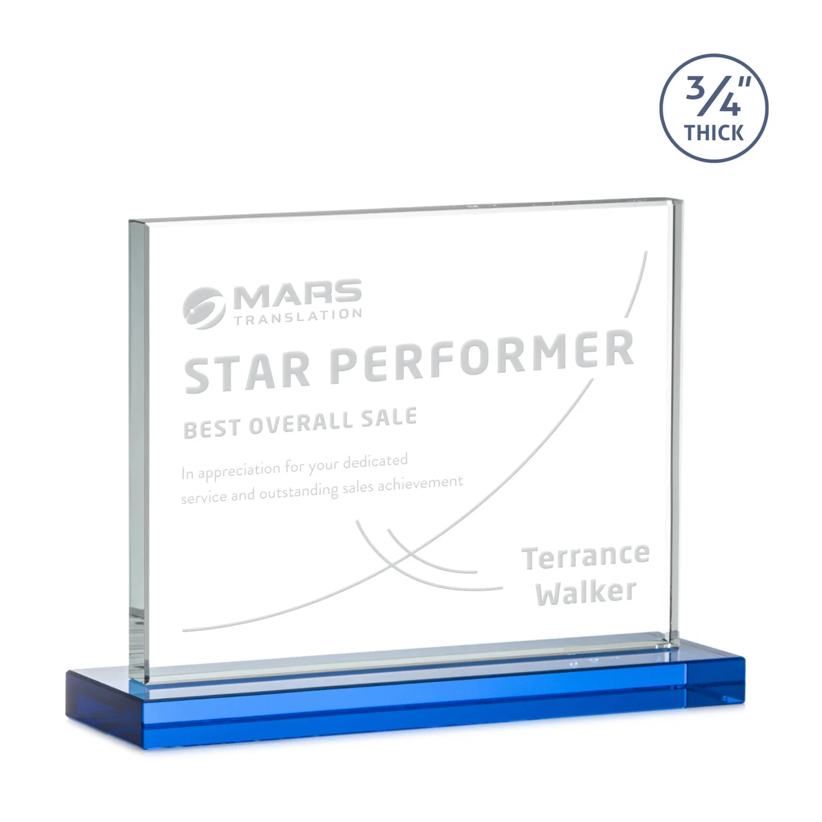 Custom engraved Jade Crystal Upright Award, 0.75 Inch Thick, Built For Deep Etching for volunteer appreciation