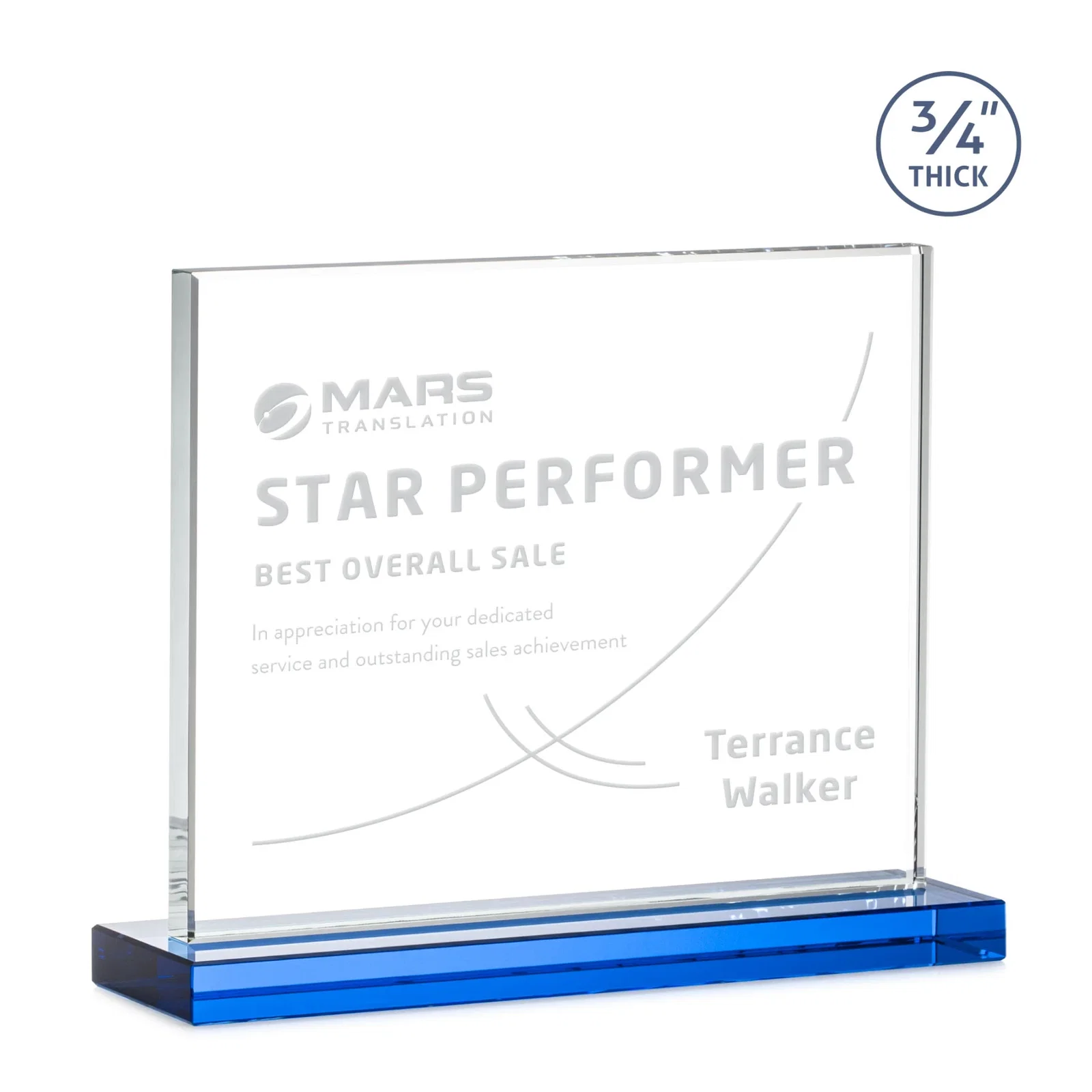 Custom engraved Jade Crystal Upright Award, 0.75 Inch Thick, Built For Deep Etching for dealer and partner awards