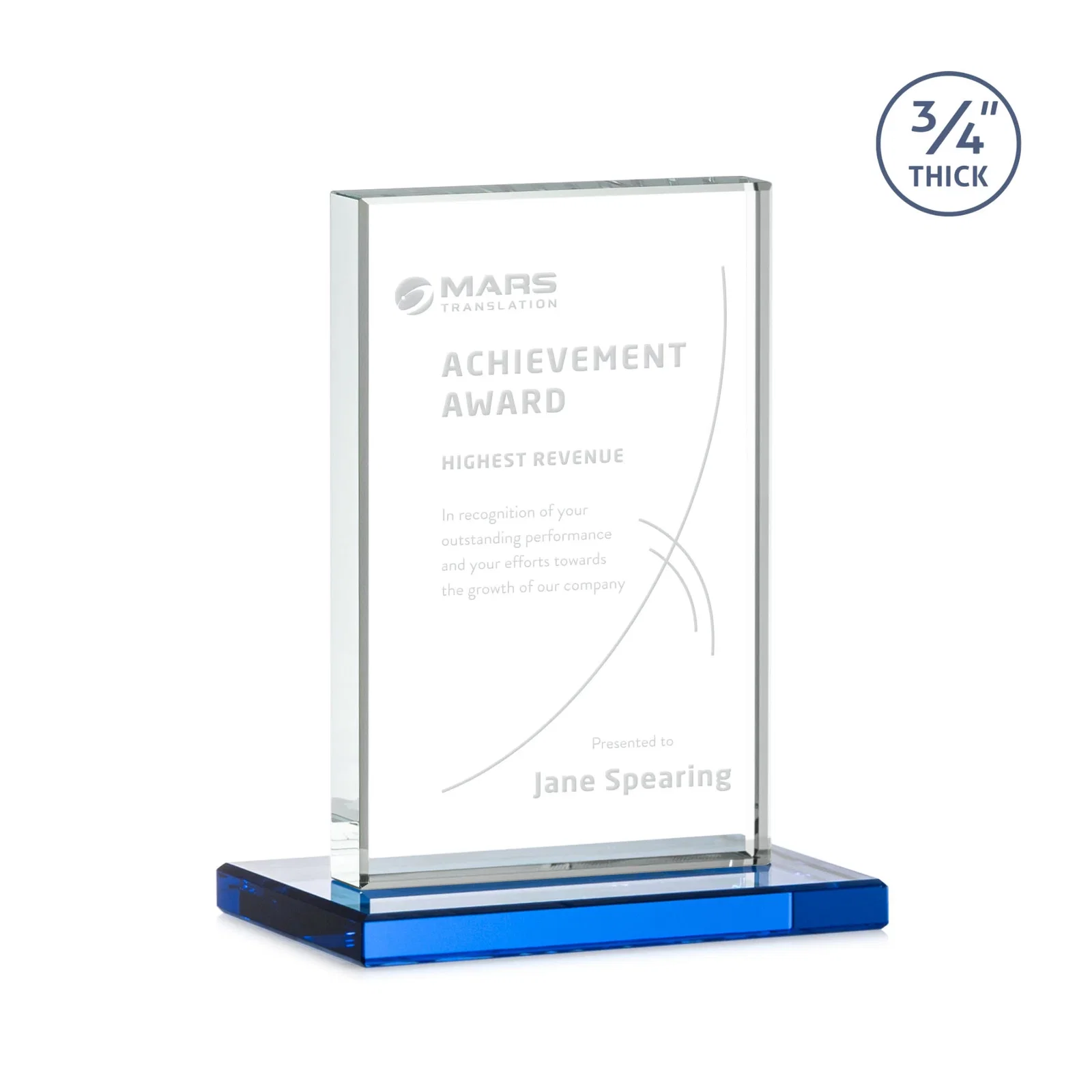 Custom engraved Jade Crystal Upright Award, 0.75 Inch Thick, Built For Deep Etching for company anniversary events
