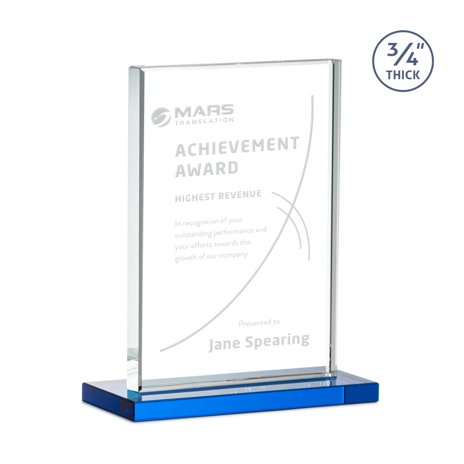 Custom Jade Crystal Upright Award, 0.75 Inch Thick, Built For Deep Etching, with your logo for employee recognition