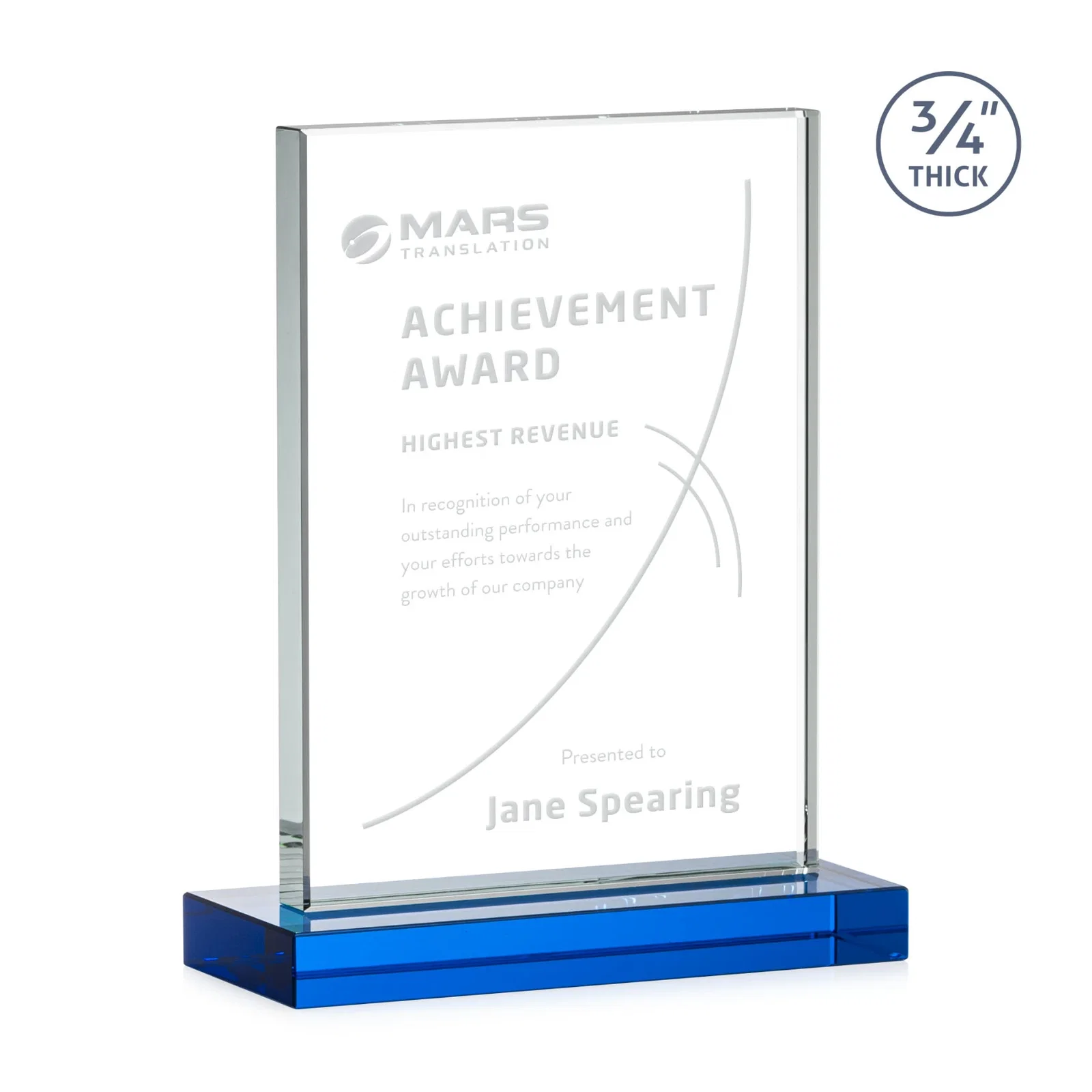 Custom Jade Crystal Upright Award, 0.75 Inch Thick, Built For Deep Etching, with your logo for corporate award ceremonies