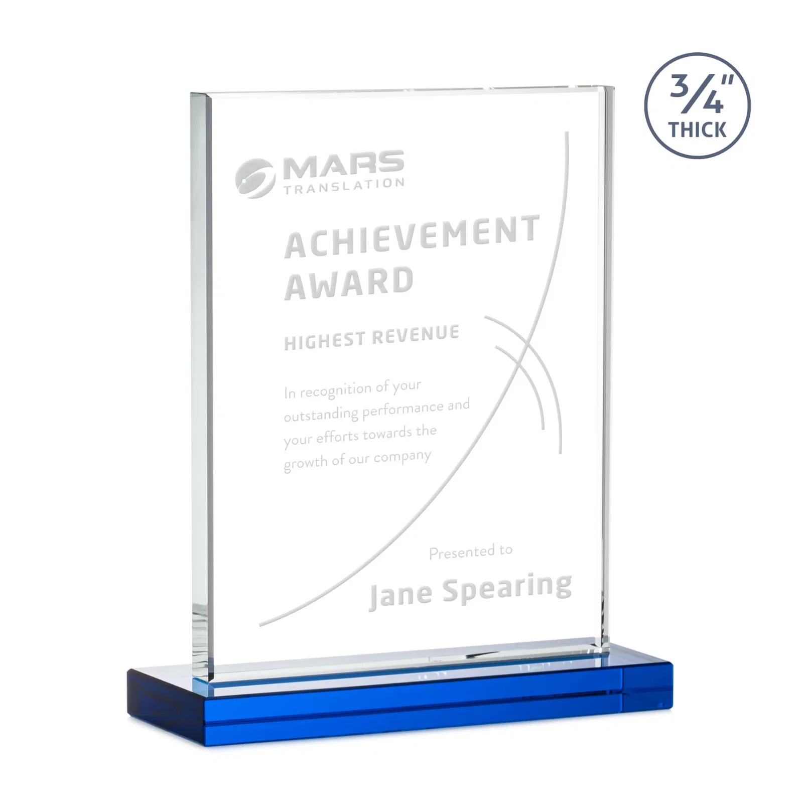 Custom Jade Crystal Upright Award, 0.75 Inch Thick, Built For Deep Etching, with your logo for service anniversary gifts