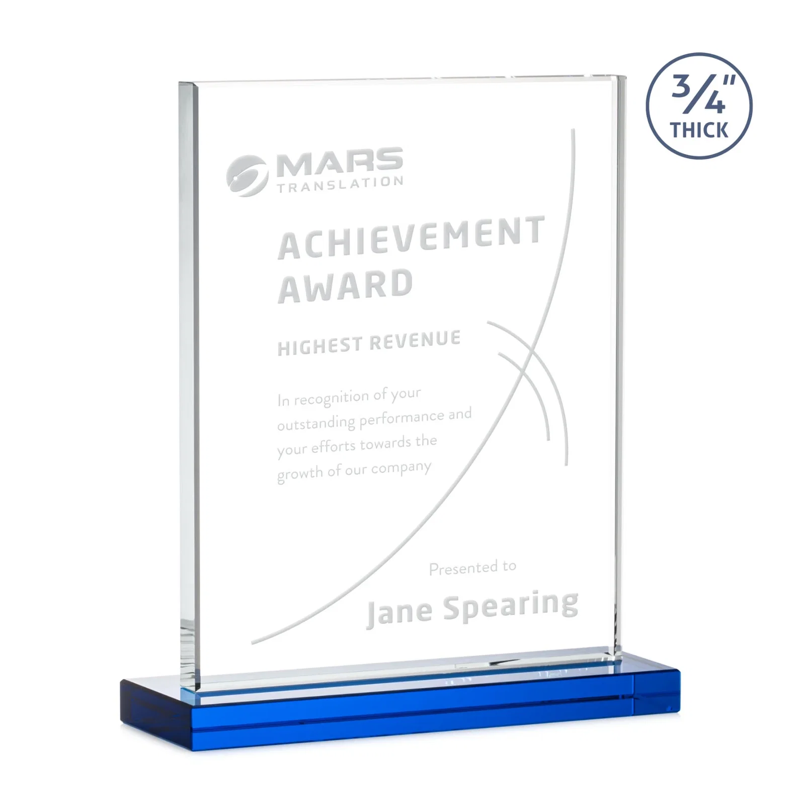 Custom Jade Crystal Upright Award, 0.75 Inch Thick, Built For Deep Etching, with your logo for sales achievement awards
