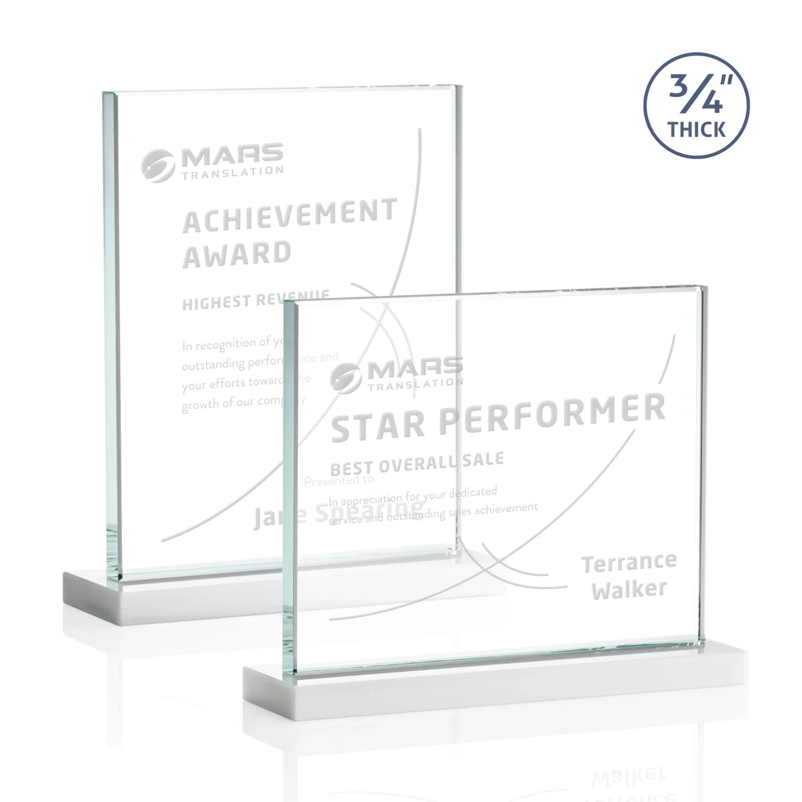 Custom Jade Crystal Upright Award, 0.75 Inch Thick, Built For Deep Etching, with your logo for retirement presentations