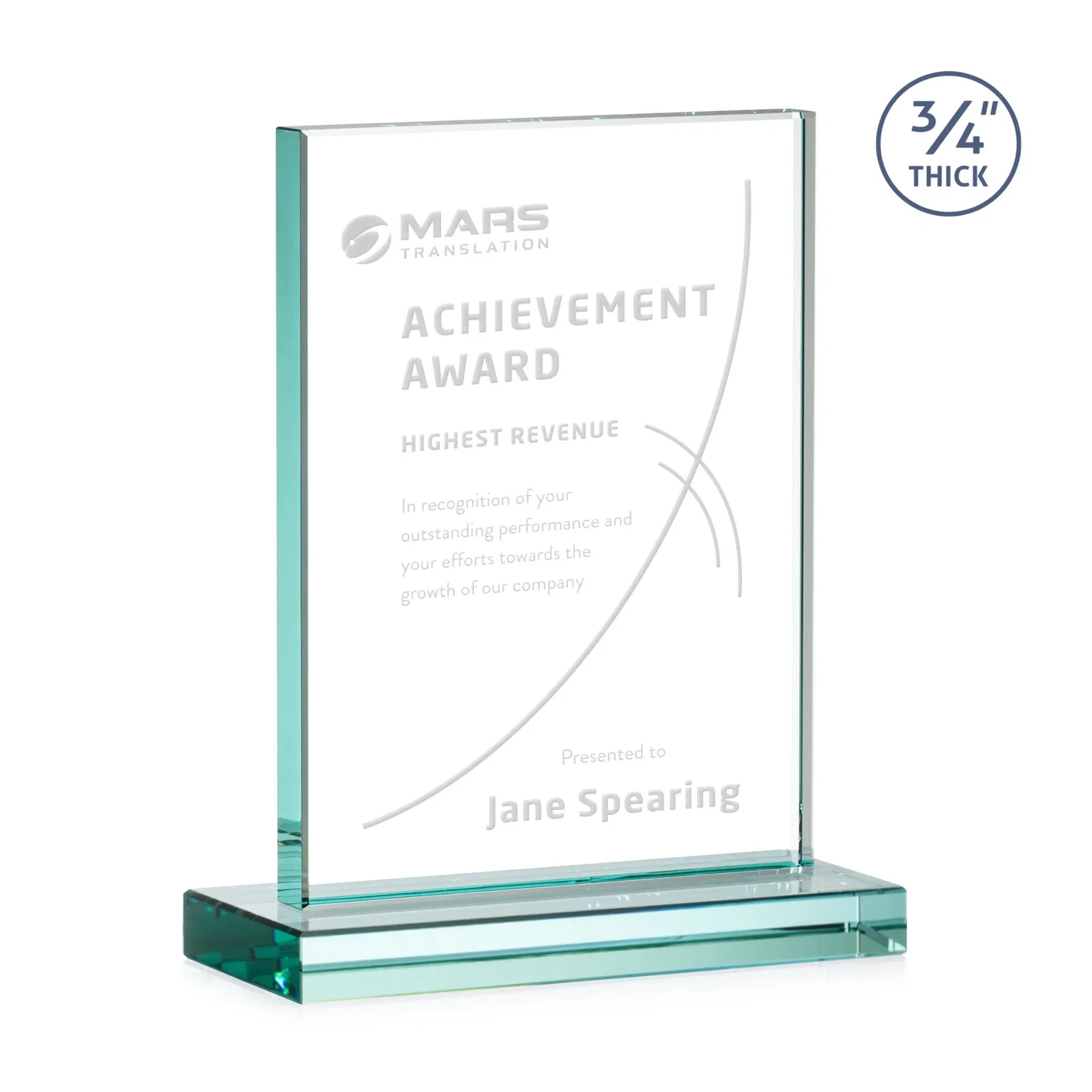 Custom Jade Crystal Upright Award, 0.75 Inch Thick, Built For Deep Etching for safety achievement programs