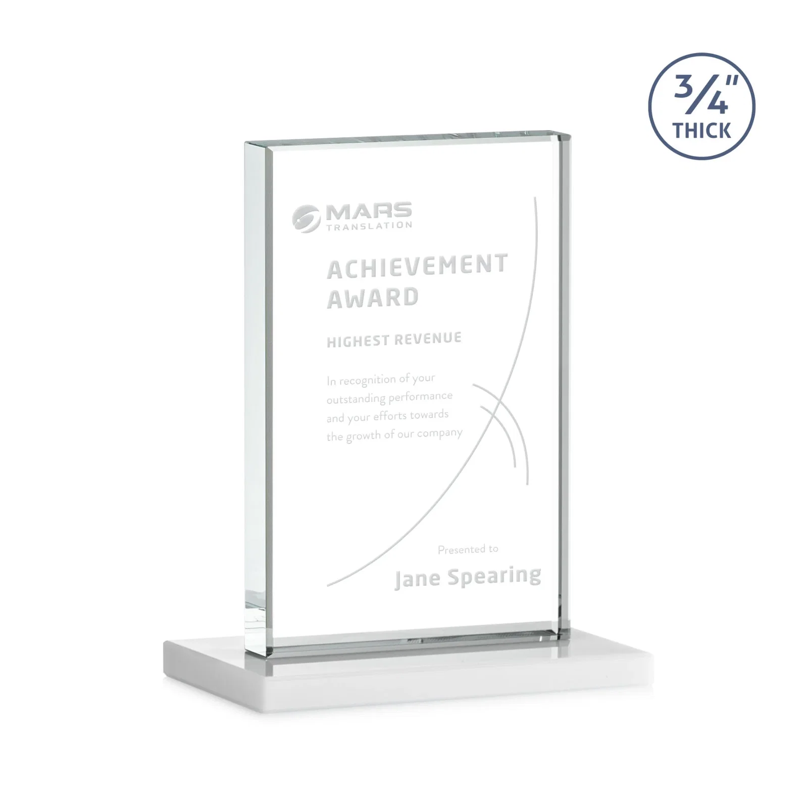 Custom Jade Crystal Upright Award, 0.75 Inch Thick, Built For Deep Etching, with your logo for dealer and partner awards