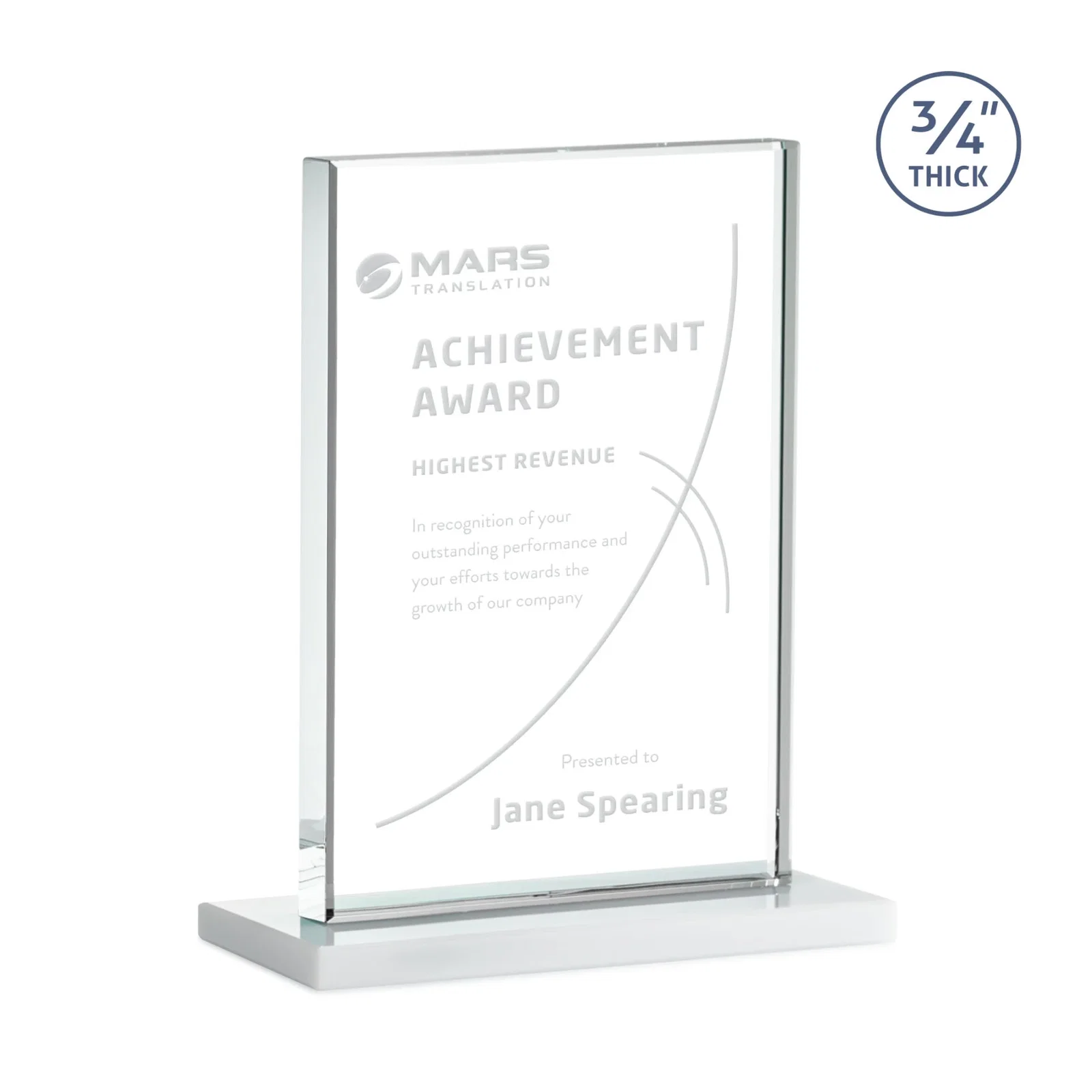 Custom Jade Crystal Upright Award, 0.75 Inch Thick, Built For Deep Etching, with your logo for company anniversary events