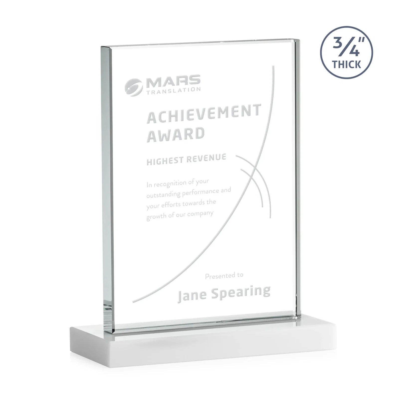 Personalized Jade Crystal Upright Award, 0.75 Inch Thick, Built For Deep Etching, with your logo for employee recognition