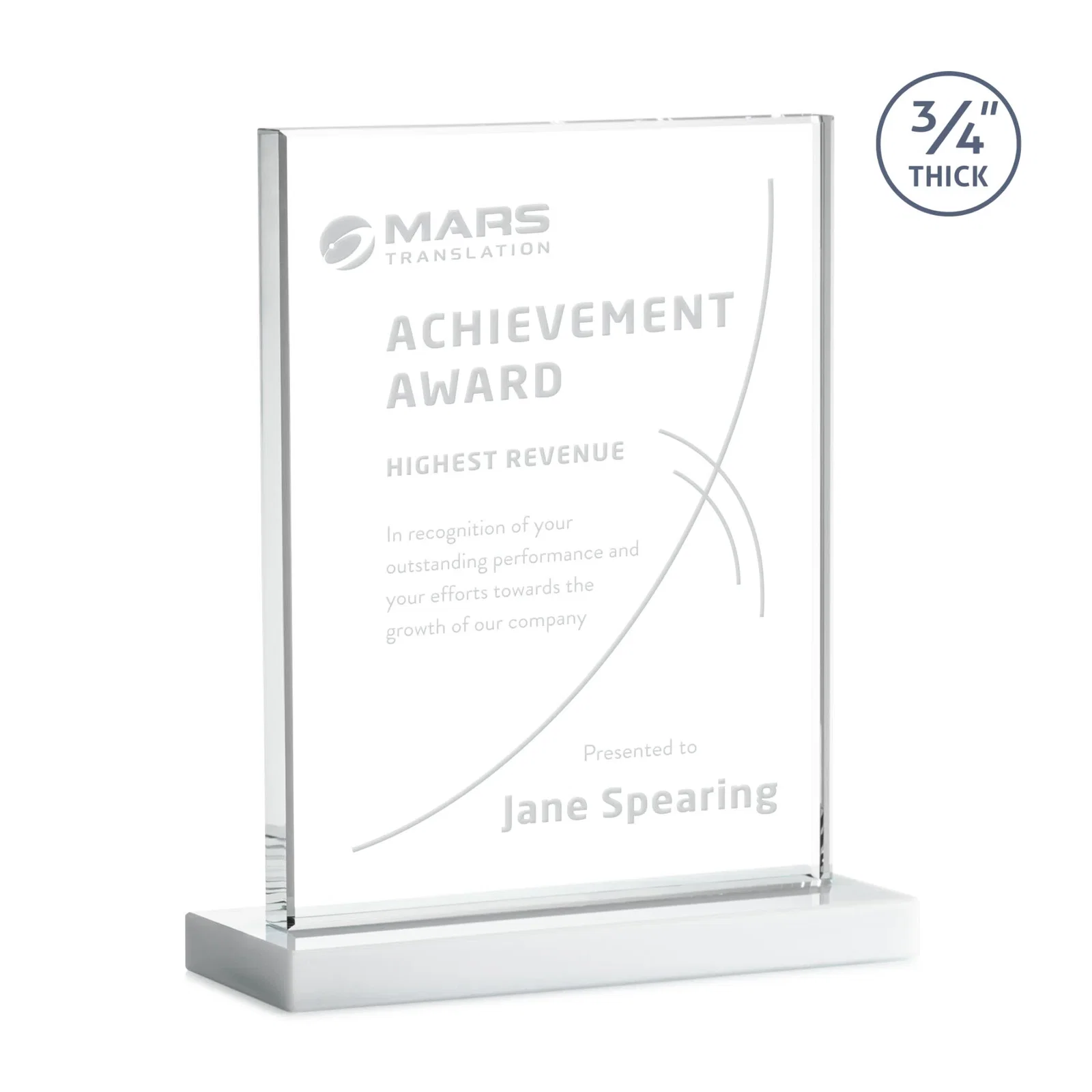 Personalized Jade Crystal Upright Award, 0.75 Inch Thick, Built For Deep Etching, with your logo for corporate award ceremonies