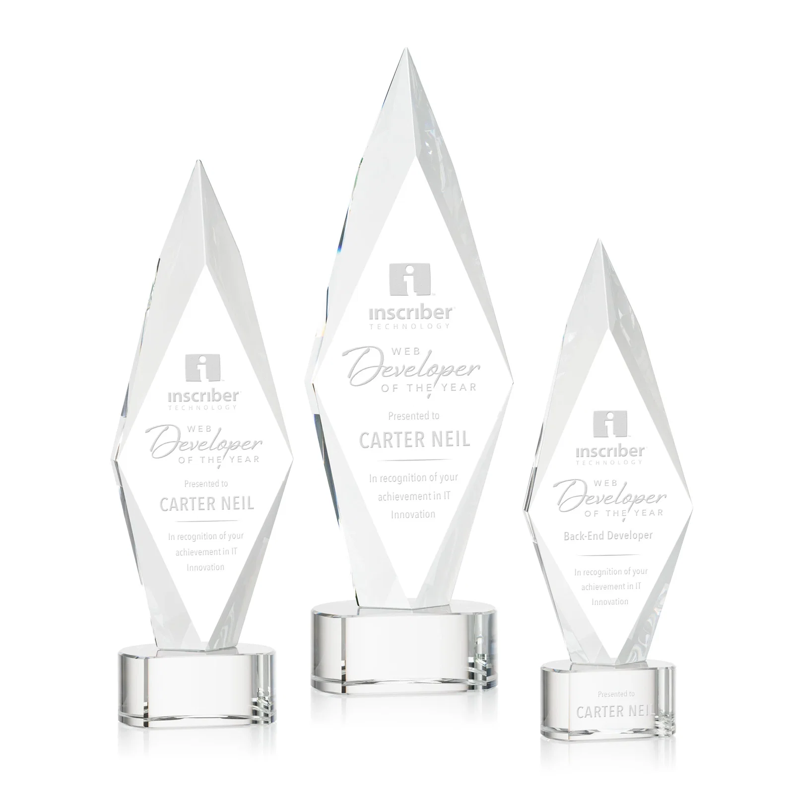 Custom Beveled Arrowhead Optical Crystal Award on Paragon Base for employee recognition
