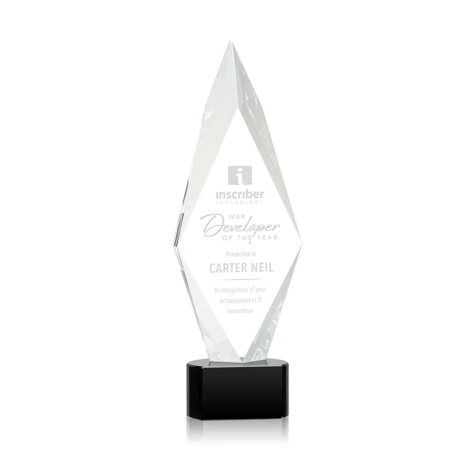 Custom Beveled Arrowhead Optical Crystal Award on Paragon Base for volunteer appreciation