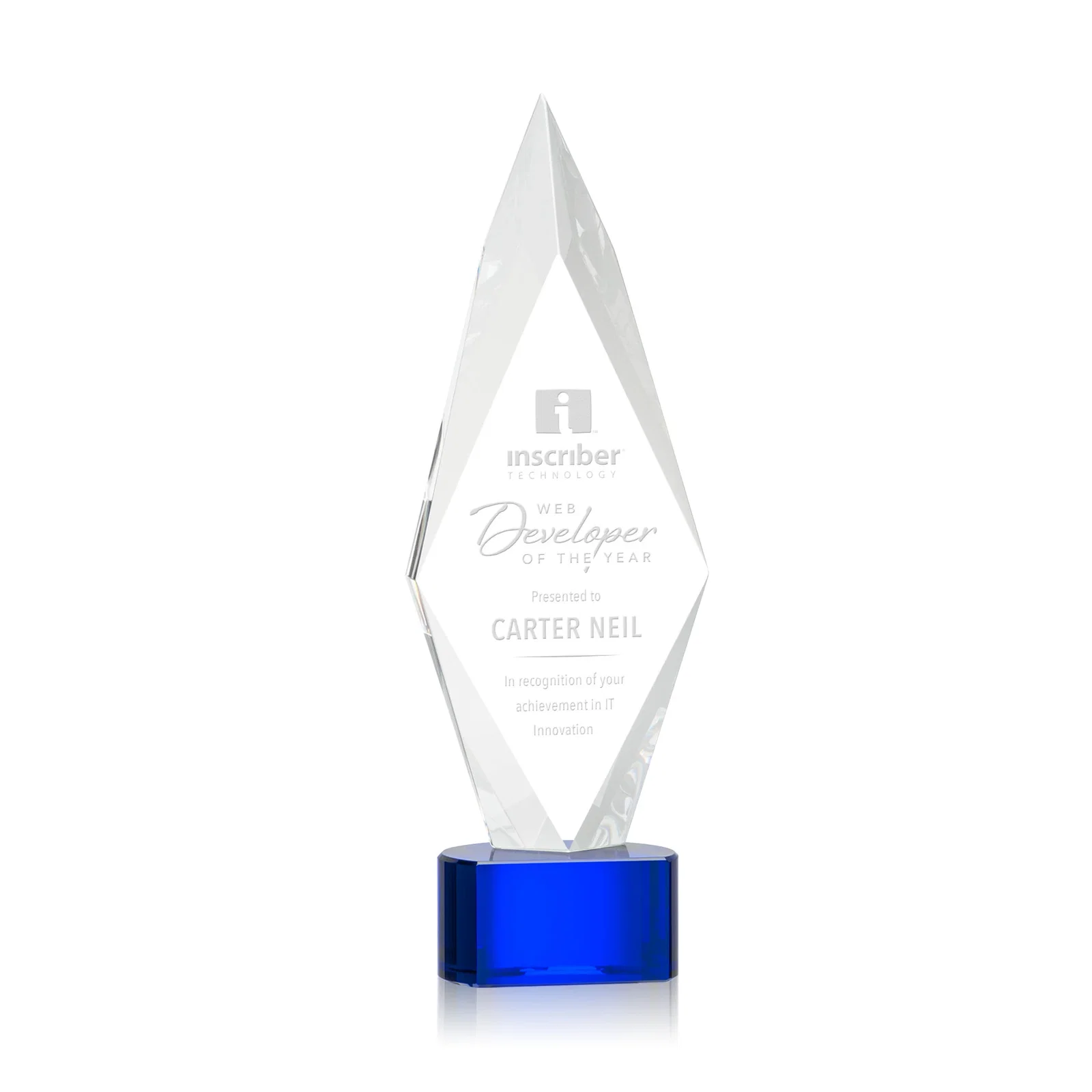 Personalized Beveled Arrowhead Optical Crystal Award on Paragon Base for corporate award ceremonies