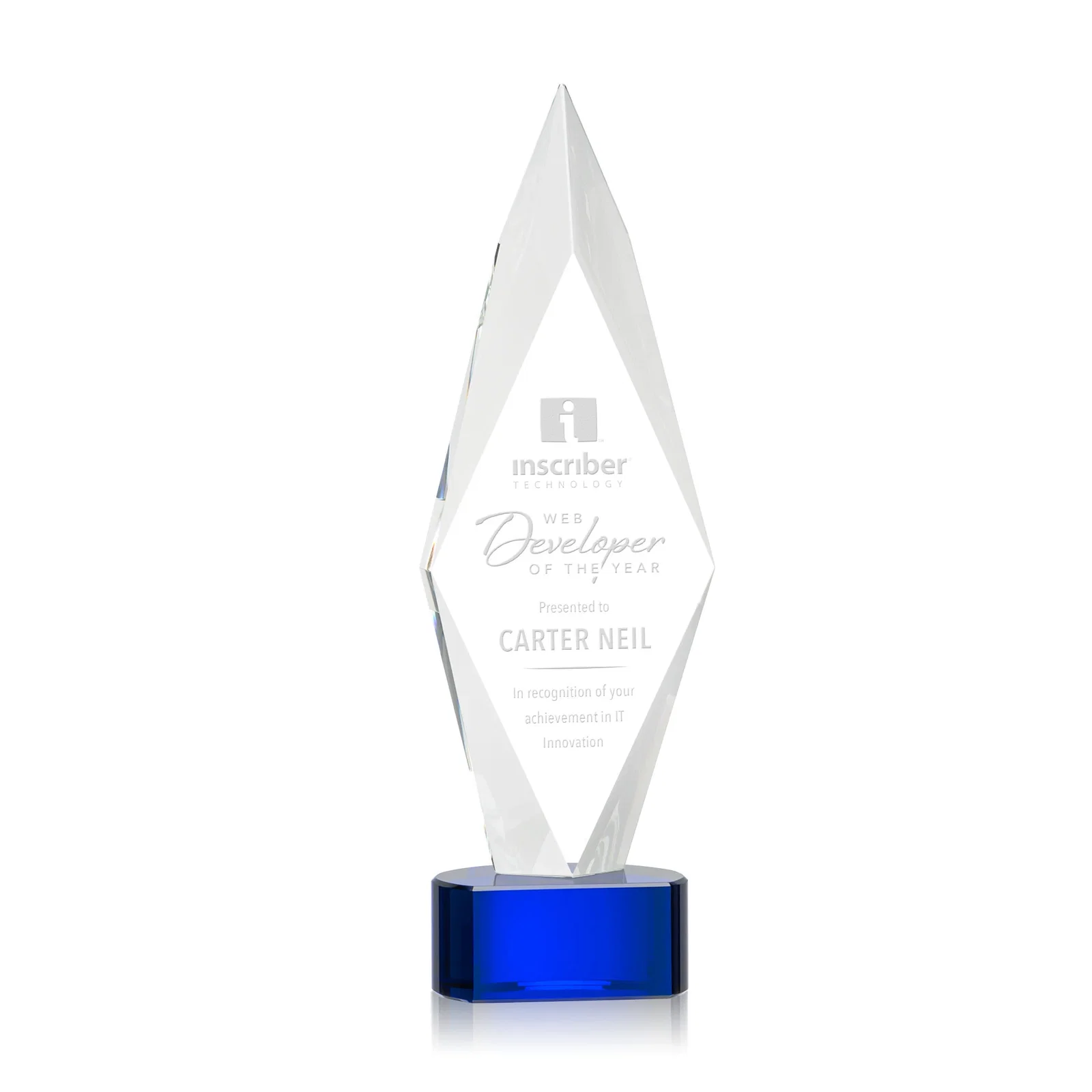 Personalized Beveled Arrowhead Optical Crystal Award on Paragon Base for service anniversary gifts