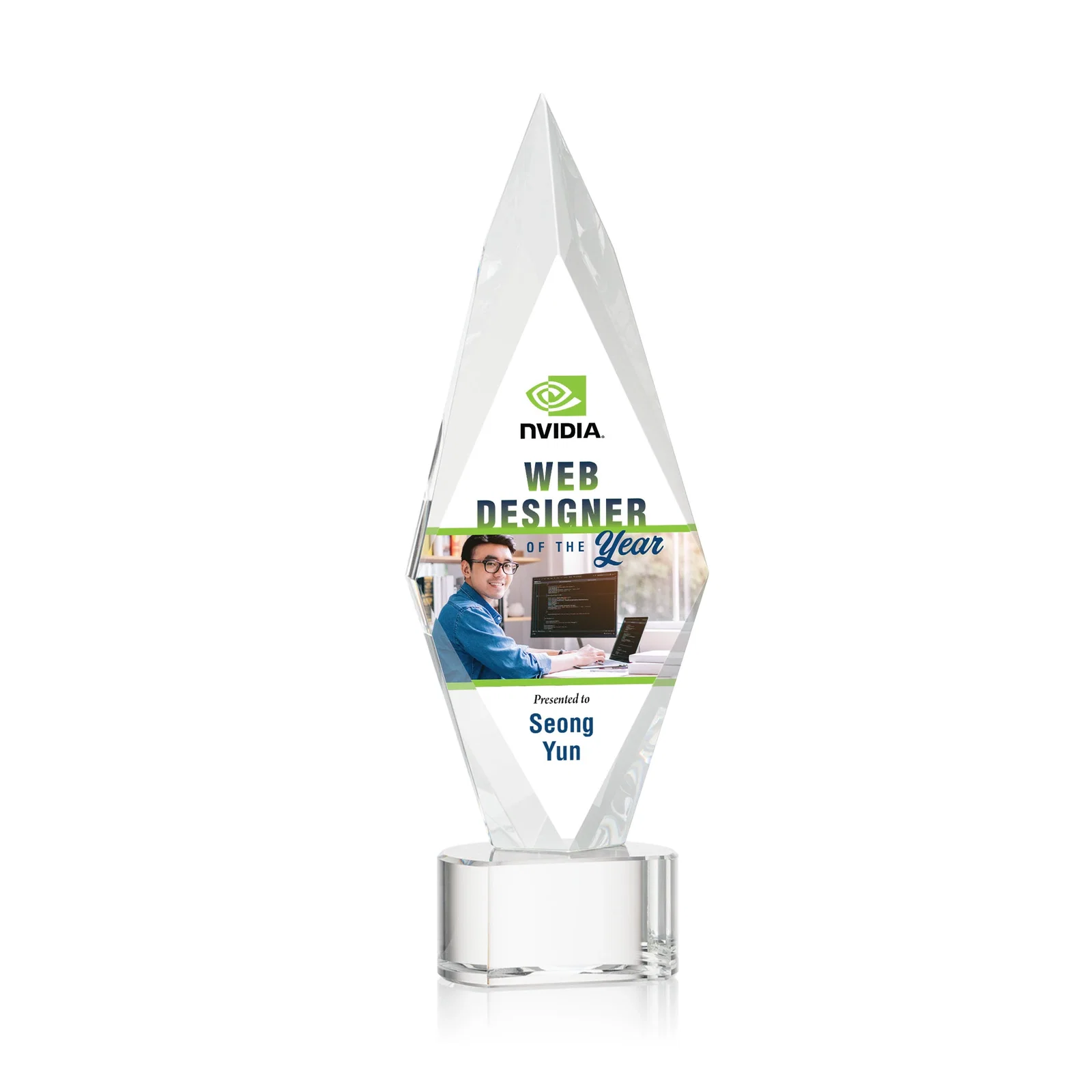 Personalized Beveled Arrowhead Optical Crystal Award on Paragon Base for team milestone celebrations