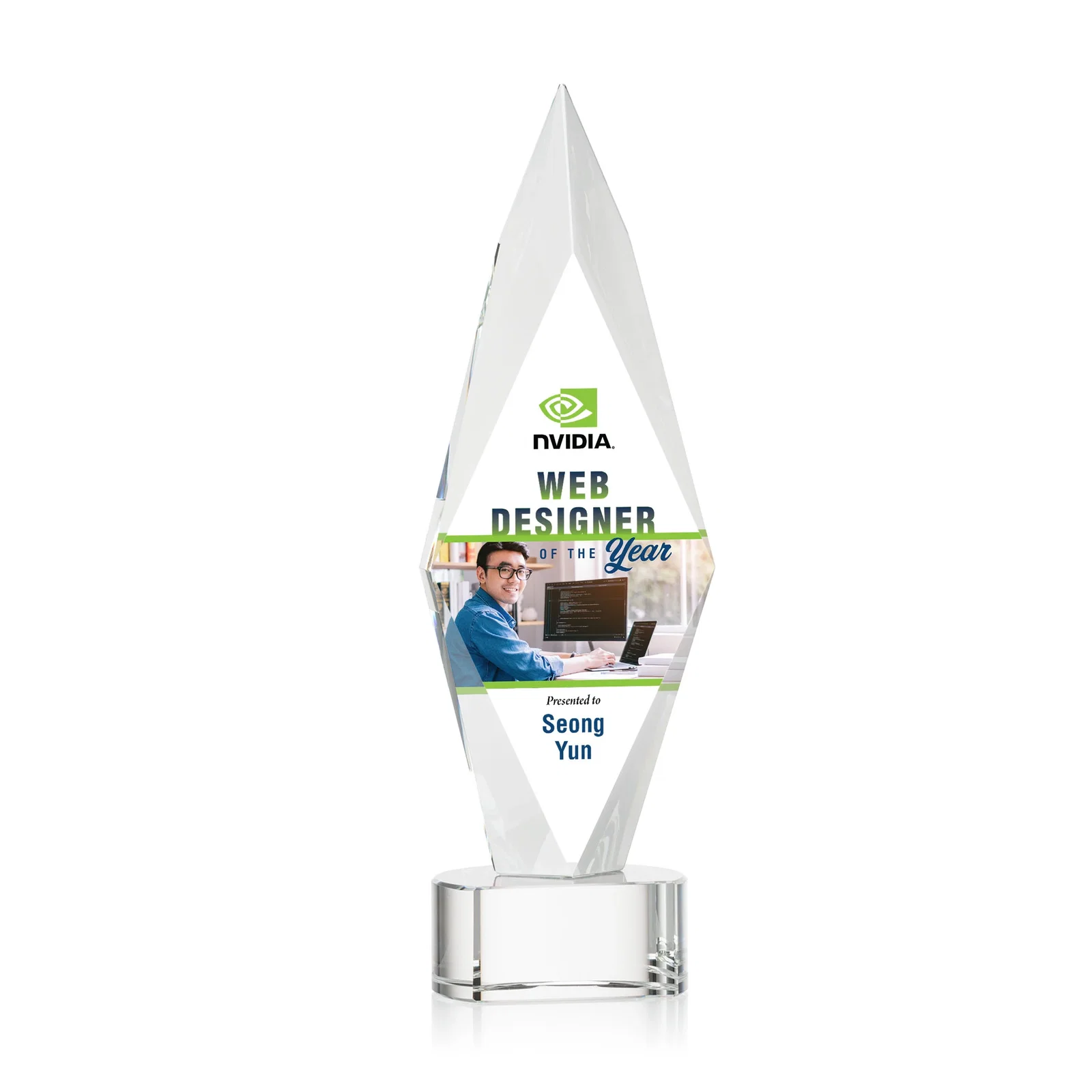Personalized Beveled Arrowhead Optical Crystal Award on Paragon Base for donor appreciation