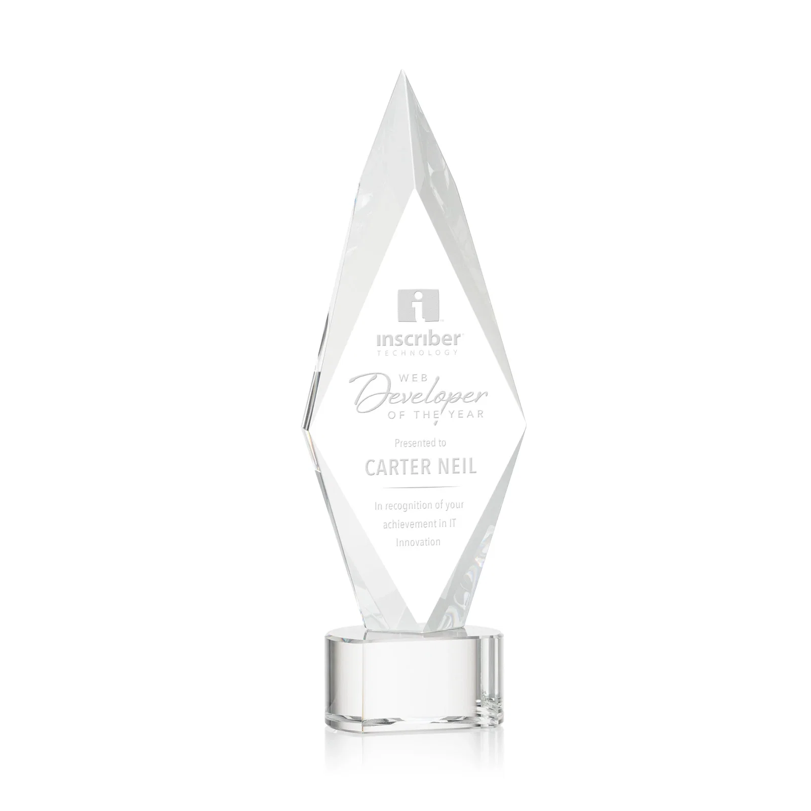 Custom Beveled Arrowhead Optical Crystal Award on Paragon Base for corporate award ceremonies