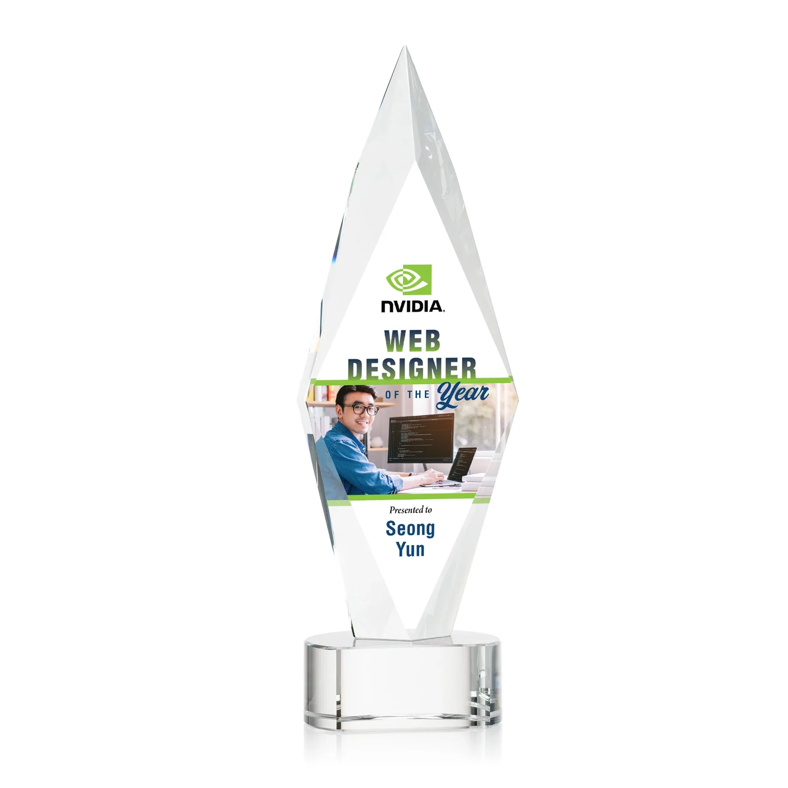Personalized Beveled Arrowhead Optical Crystal Award on Paragon Base for graduation ceremonies