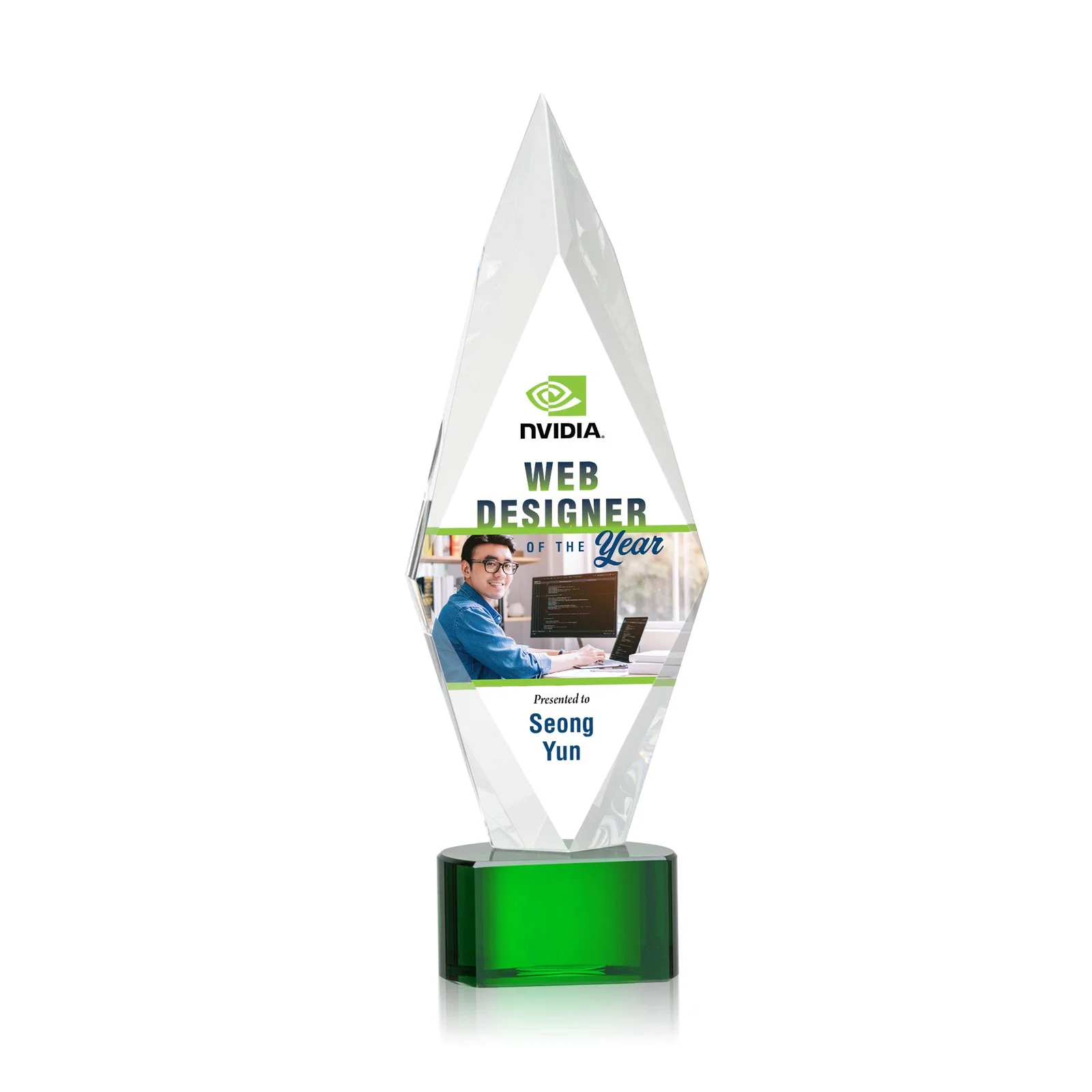 Personalized Beveled Arrowhead Optical Crystal Award on Paragon Base for volunteer appreciation
