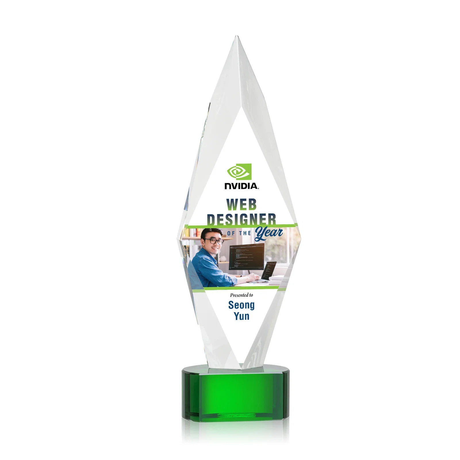 Personalized Beveled Arrowhead Optical Crystal Award on Paragon Base for dealer and partner awards