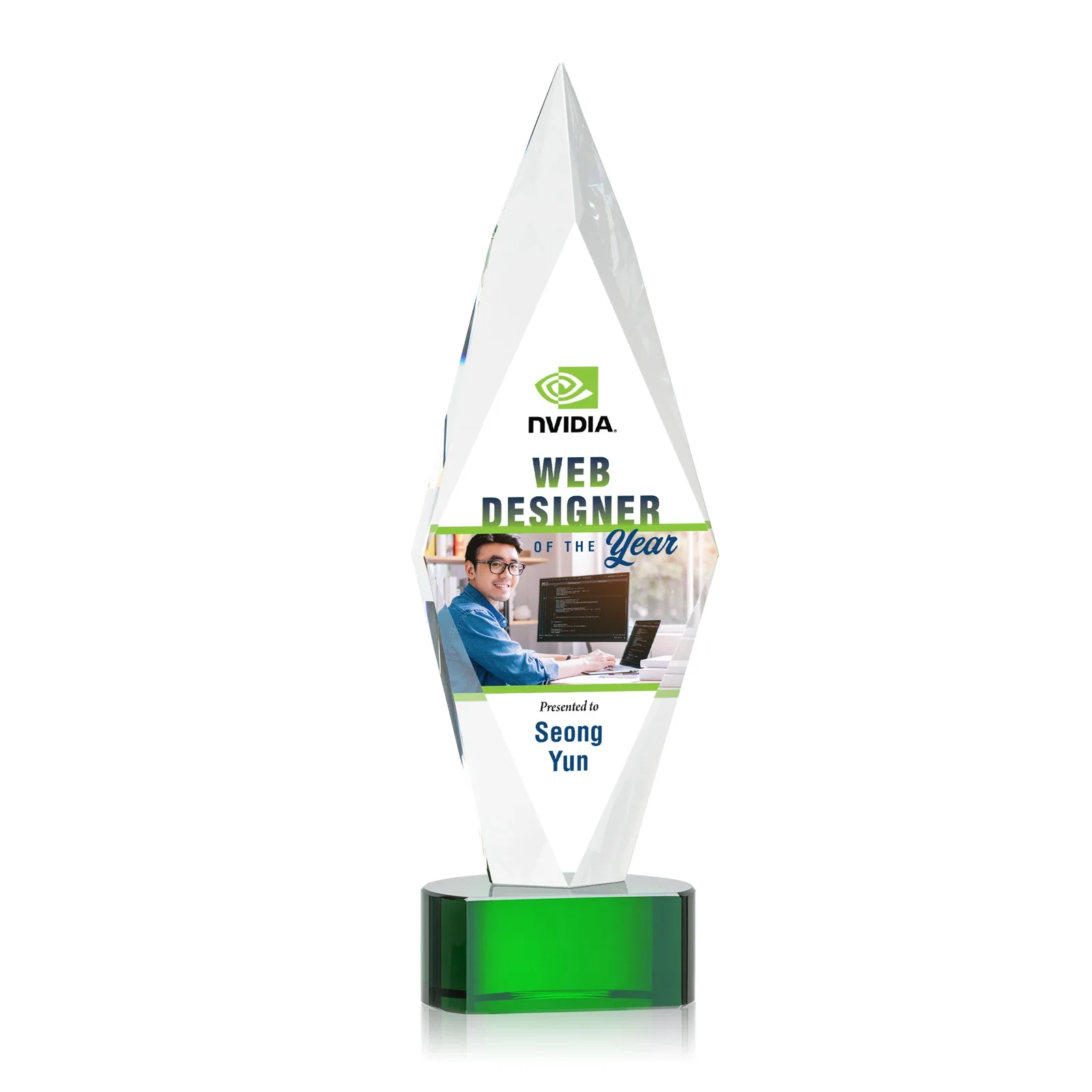 Personalized Beveled Arrowhead Optical Crystal Award on Paragon Base for company anniversary events