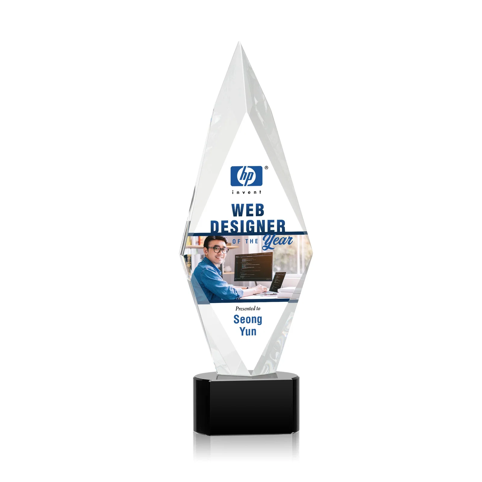 Promotional Beveled Arrowhead Optical Crystal Award on Paragon Base for corporate award ceremonies