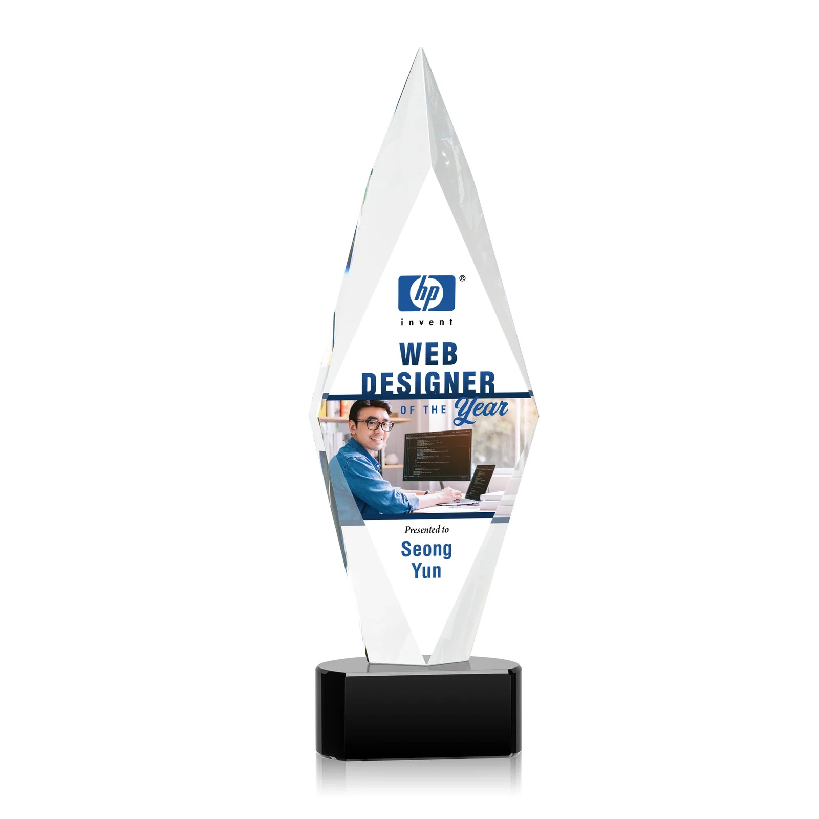 Promotional Beveled Arrowhead Optical Crystal Award on Paragon Base for sales achievement awards