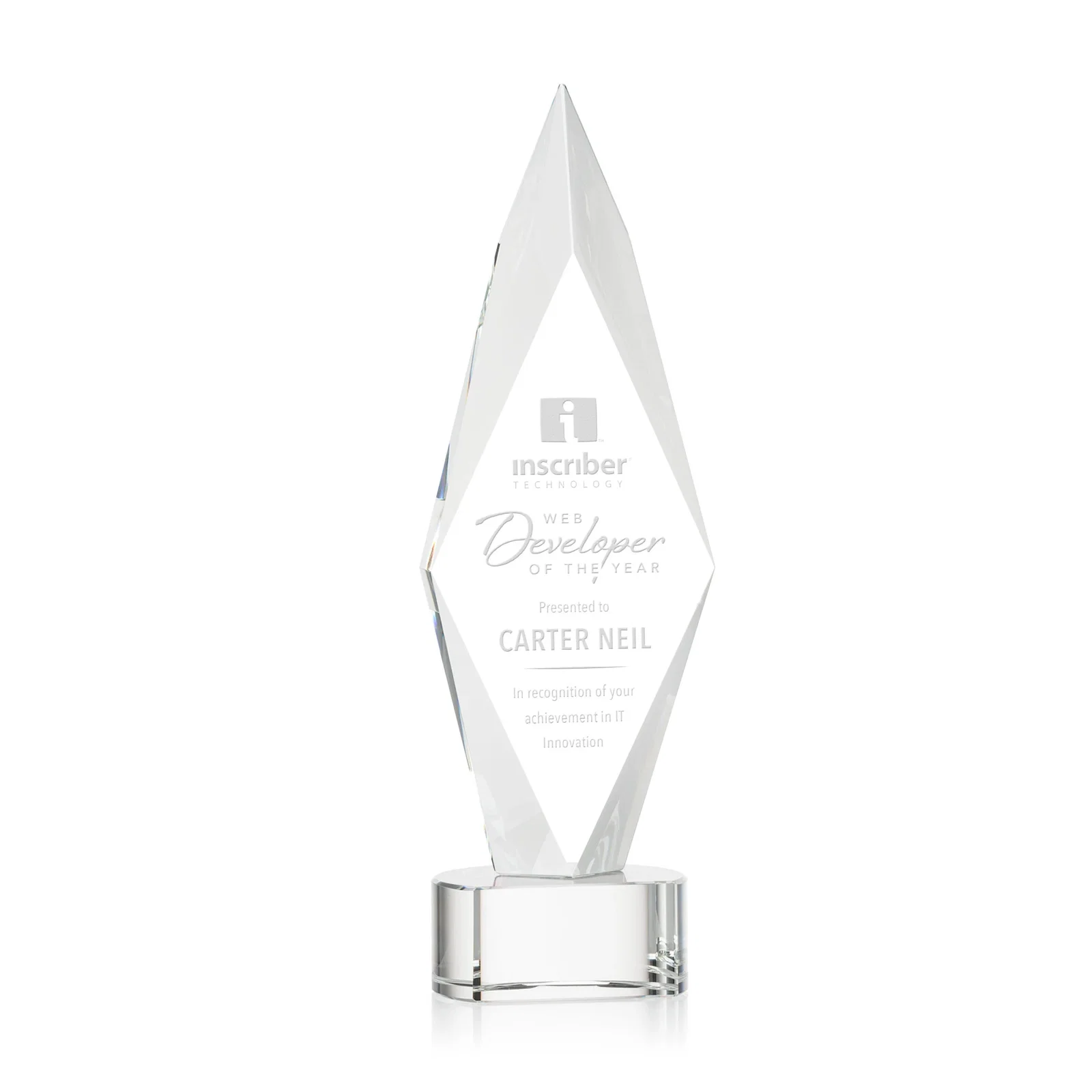 Custom Beveled Arrowhead Optical Crystal Award on Paragon Base for service anniversary gifts