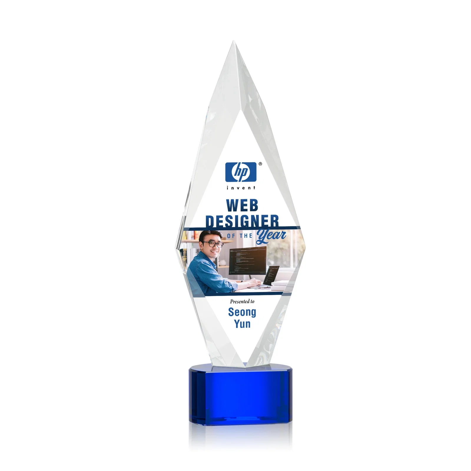 Promotional Beveled Arrowhead Optical Crystal Award on Paragon Base for team milestone celebrations