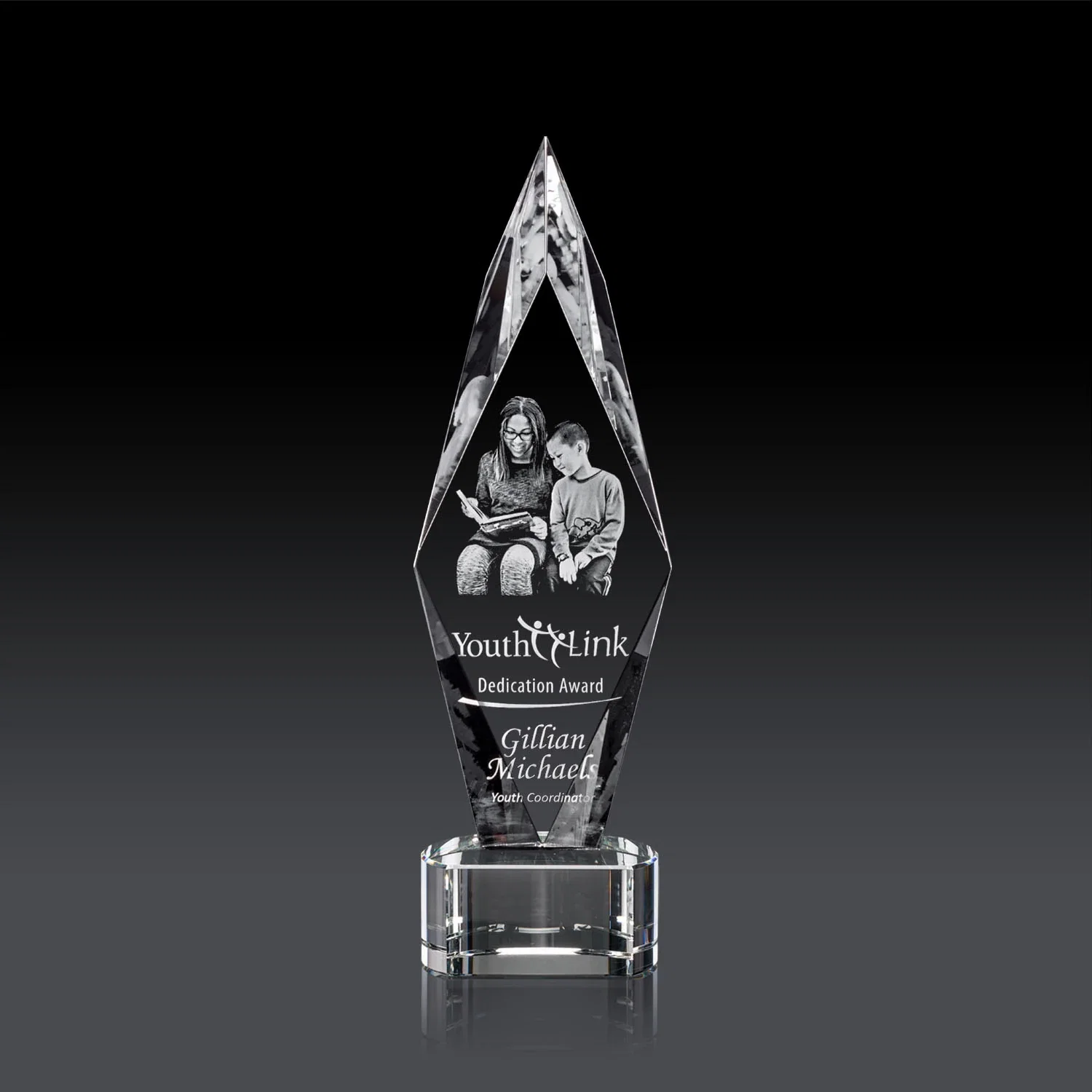 Promotional Beveled Arrowhead Optical Crystal Award on Paragon Base for volunteer appreciation