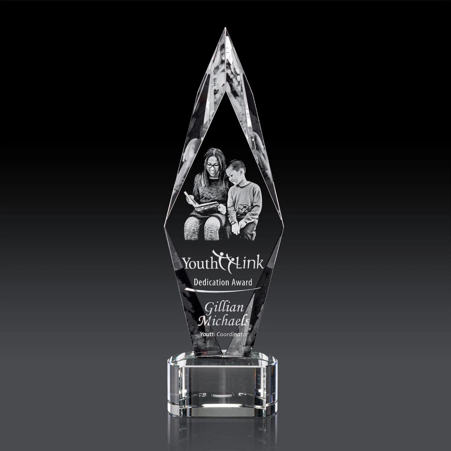Promotional Beveled Arrowhead Optical Crystal Award on Paragon Base for company anniversary events