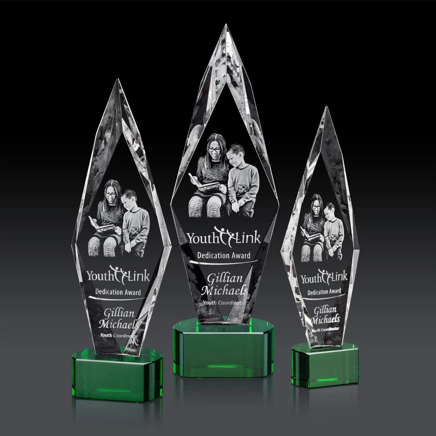 Branded Beveled Arrowhead Optical Crystal Award on Paragon Base for employee recognition