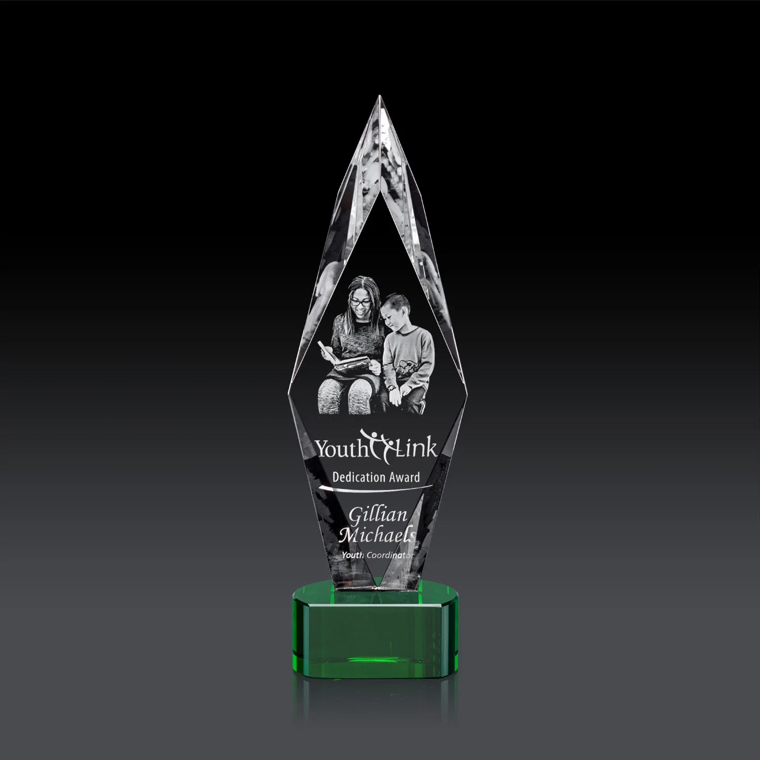 Branded Beveled Arrowhead Optical Crystal Award on Paragon Base for corporate award ceremonies