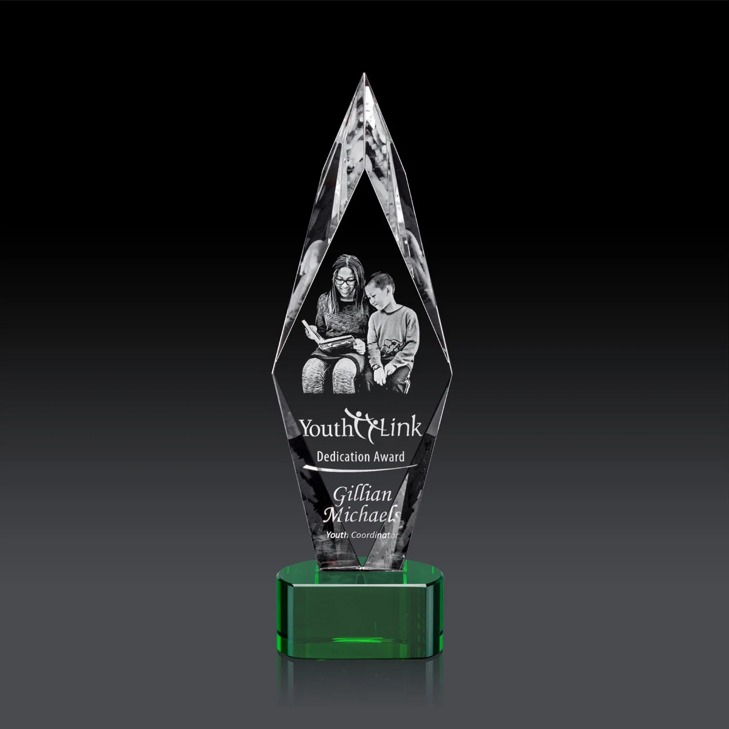 Branded Beveled Arrowhead Optical Crystal Award on Paragon Base for service anniversary gifts