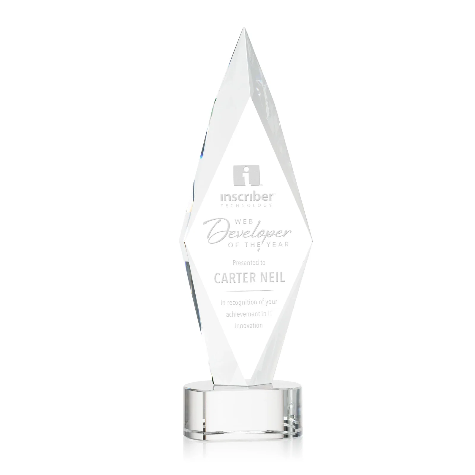 Custom Beveled Arrowhead Optical Crystal Award on Paragon Base for sales achievement awards