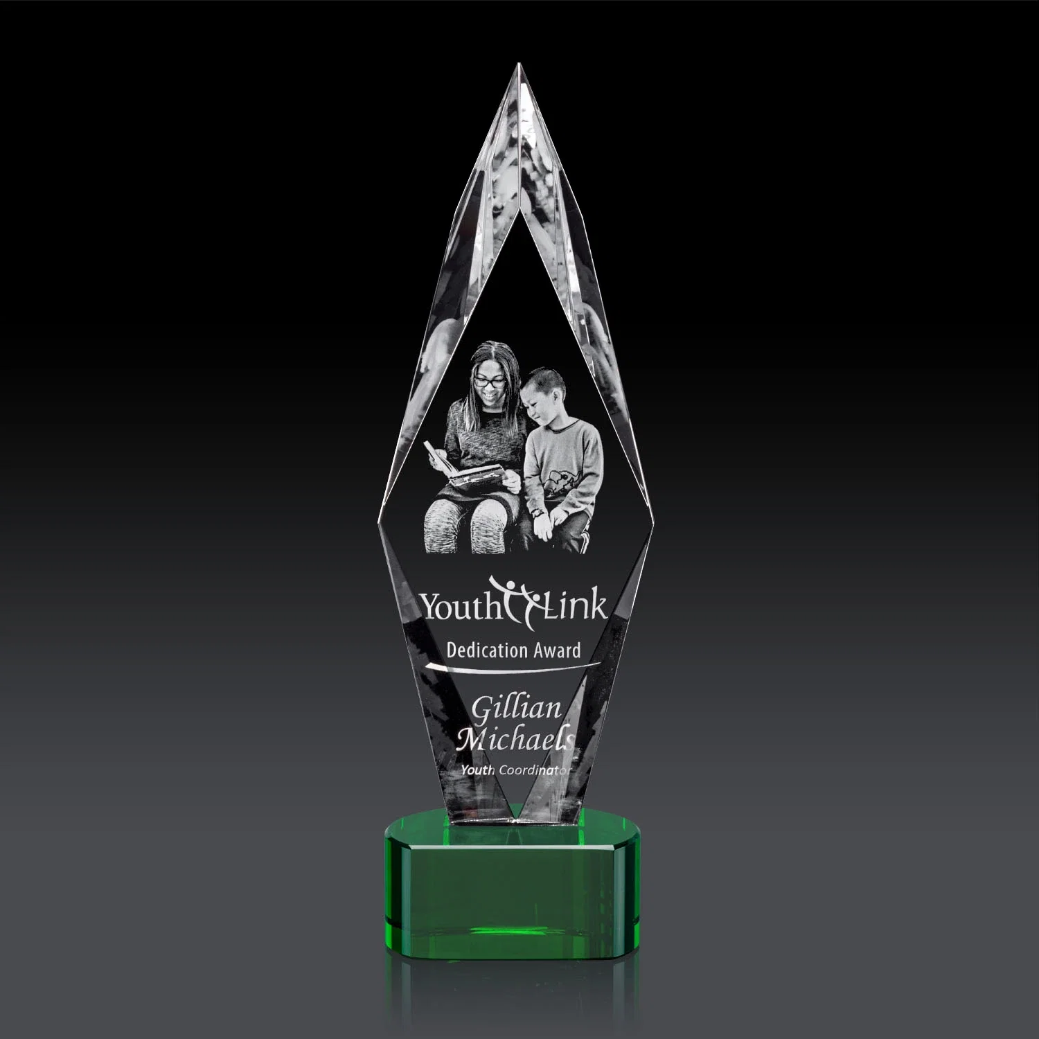 Branded Beveled Arrowhead Optical Crystal Award on Paragon Base for sales achievement awards