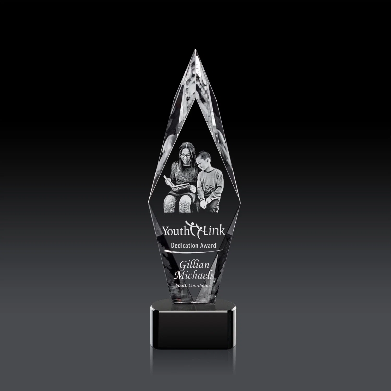 Branded Beveled Arrowhead Optical Crystal Award on Paragon Base for team milestone celebrations