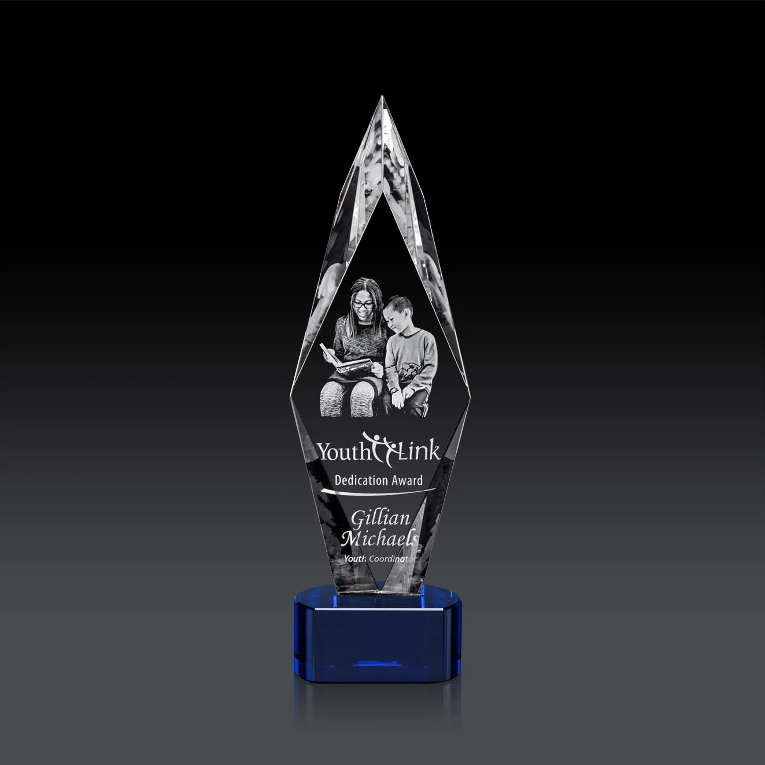 Branded Beveled Arrowhead Optical Crystal Award on Paragon Base for volunteer appreciation