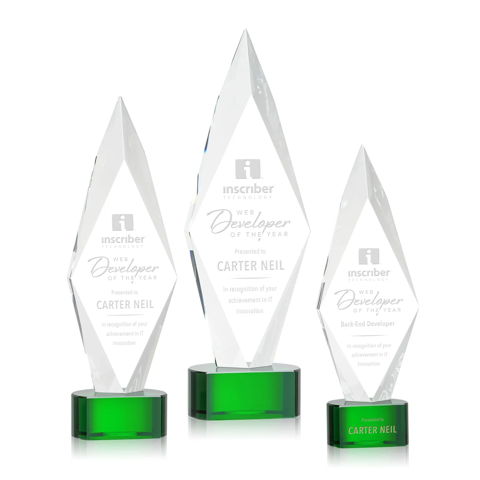Custom Beveled Arrowhead Optical Crystal Award on Paragon Base for retirement presentations