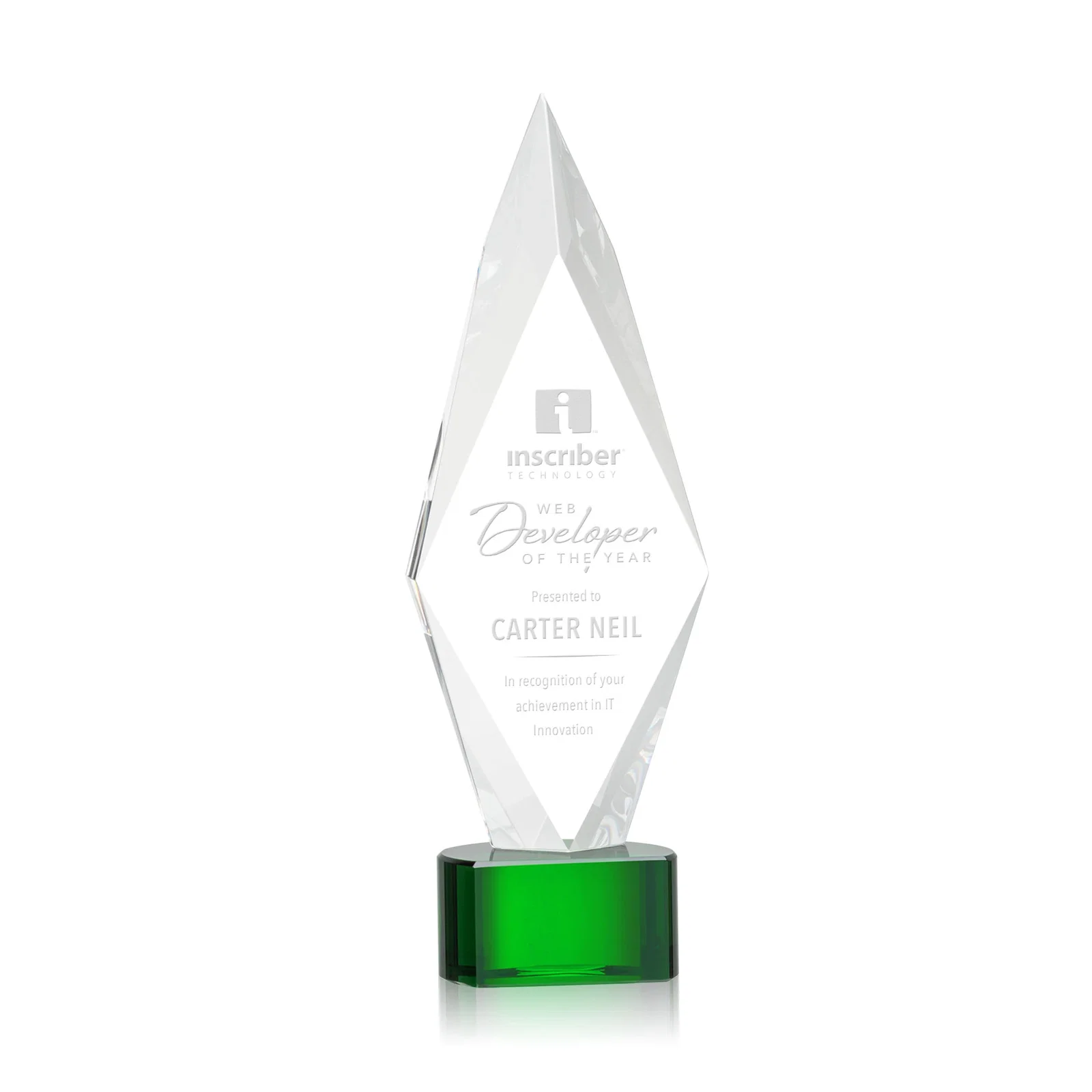 Custom Beveled Arrowhead Optical Crystal Award on Paragon Base for team milestone celebrations