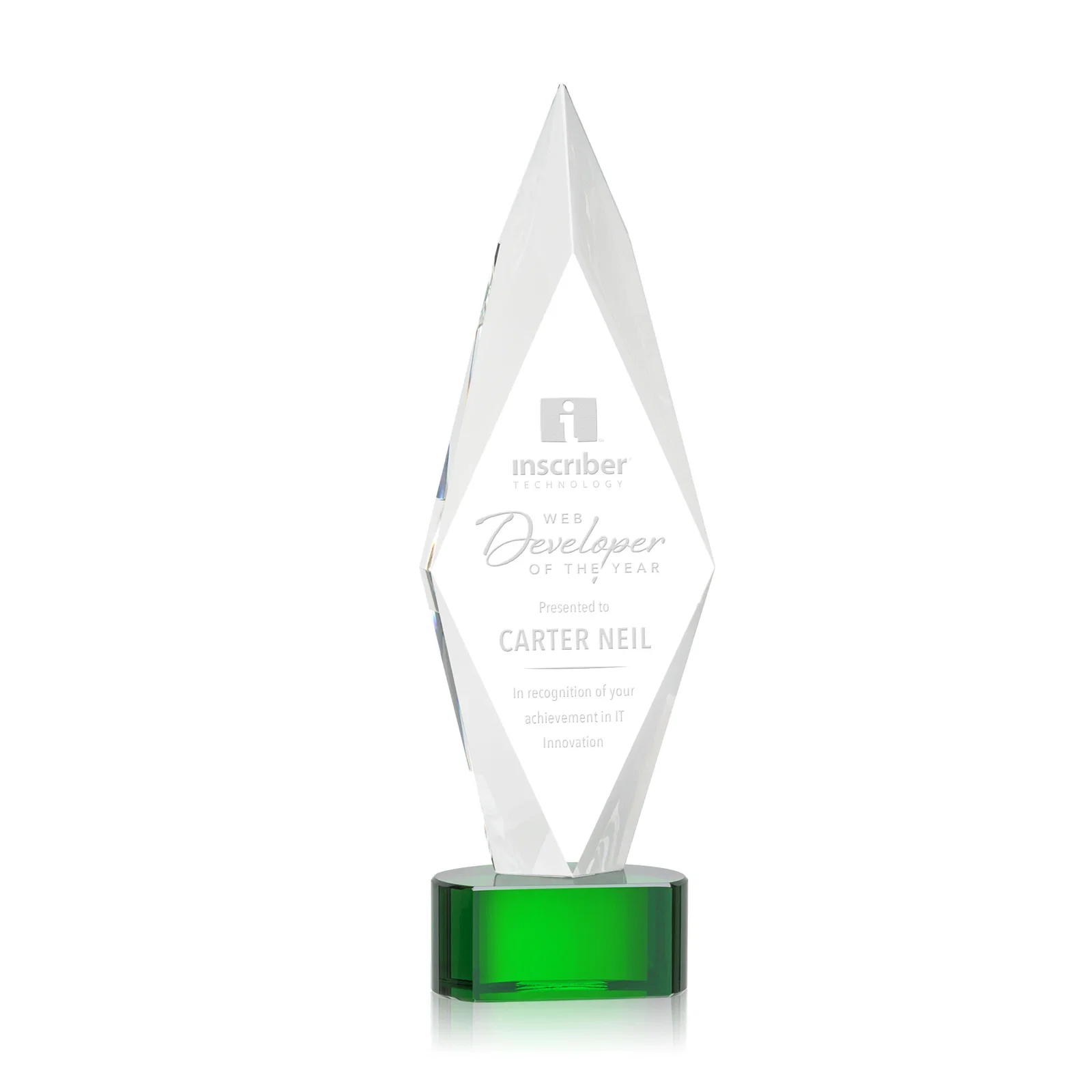 Custom Beveled Arrowhead Optical Crystal Award on Paragon Base for donor appreciation