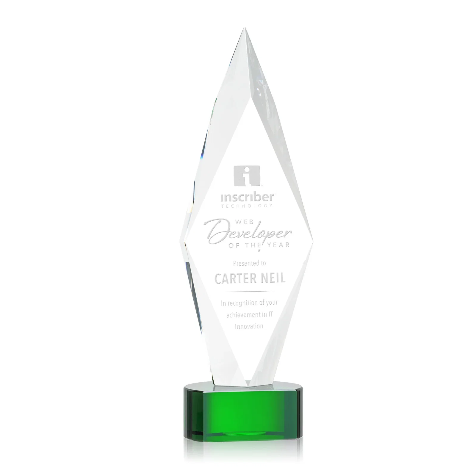 Custom Beveled Arrowhead Optical Crystal Award on Paragon Base for graduation ceremonies